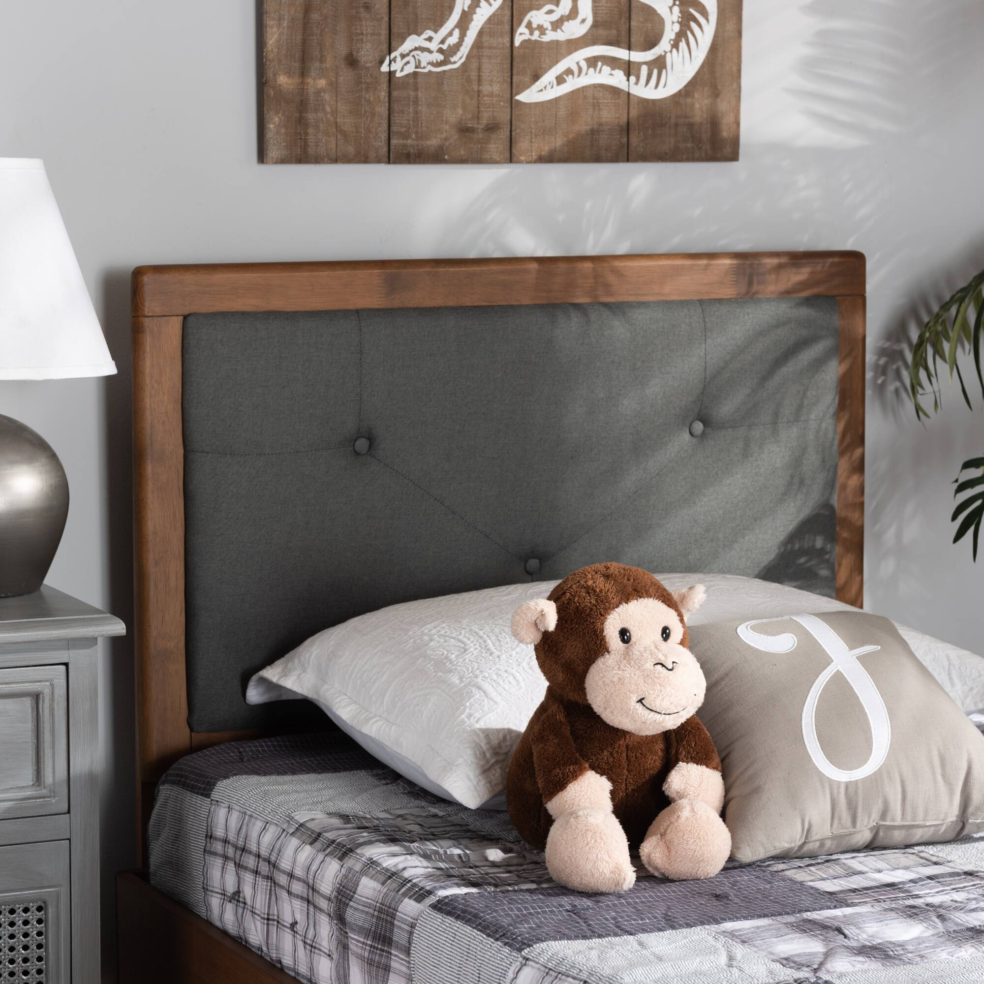 Back. Baxton Studio - Abner Modern and Contemporary Transitional Fabric Upholstered and Finished Wood Twin Size Headboard - Dark Grey/Walnut Brown.