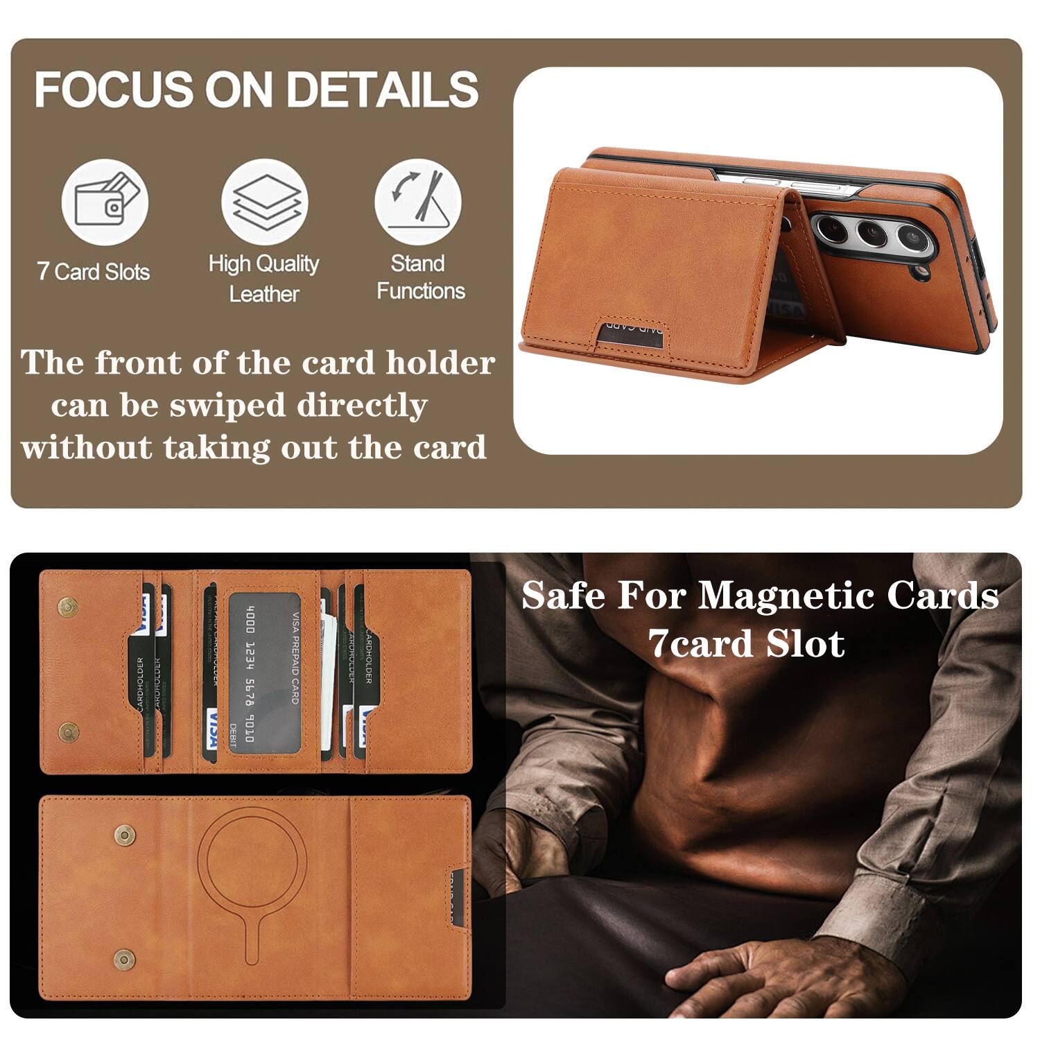 FOCUS ON DETAILS

7 Card Slots
High Quality Leather
Stand Functions

The front of the card holder can be swiped directly without taking out the card

CARDHOLDER AKSHOLOLA MCIA 8 N0DD 1234 5678 D10L VISA PREPAID CARD

Safe For Magnetic Cards
7 card Slot