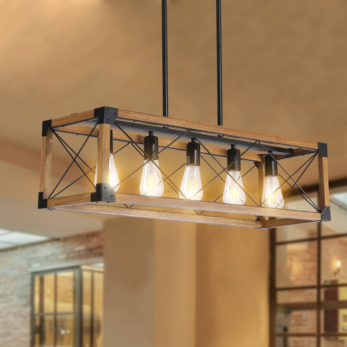 Back. Loheer - Loheer 5 Light Farmhouse Pendant Chandelier, 32 Inch Walnut Wood Frame for Kitchen Island.
