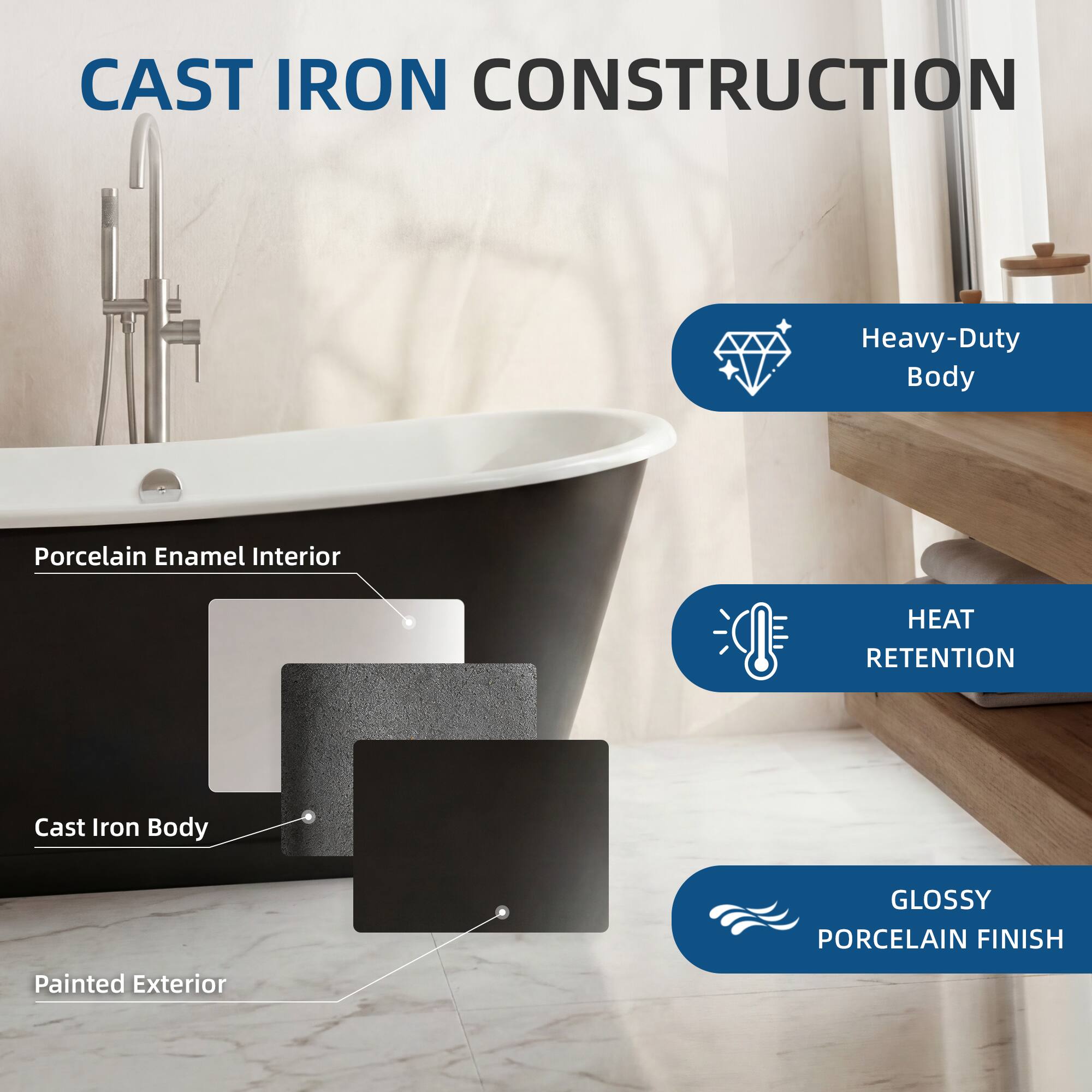 CAST IRON CONSTRUCTION  
Heavy-Duty Body  
Porcelain Enamel Interior  
HEAT RETENTION  
Cast Iron Body  
GLOSSY PORCELAIN FINISH  
Painted Exterior