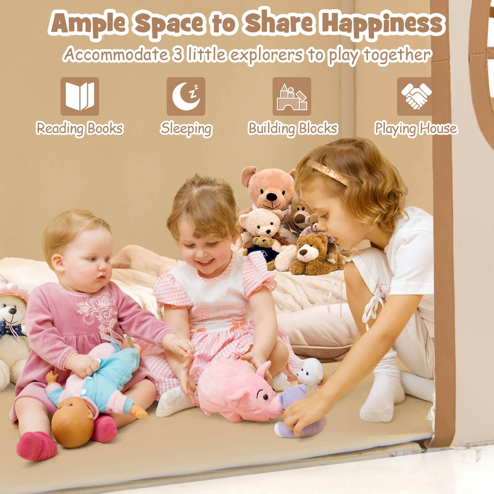 Ample Space to Share Happiness  
Accommodate 3 little explorers to play together  

- Reading Books  
- Sleeping  
- Building Blocks  
- Playing House