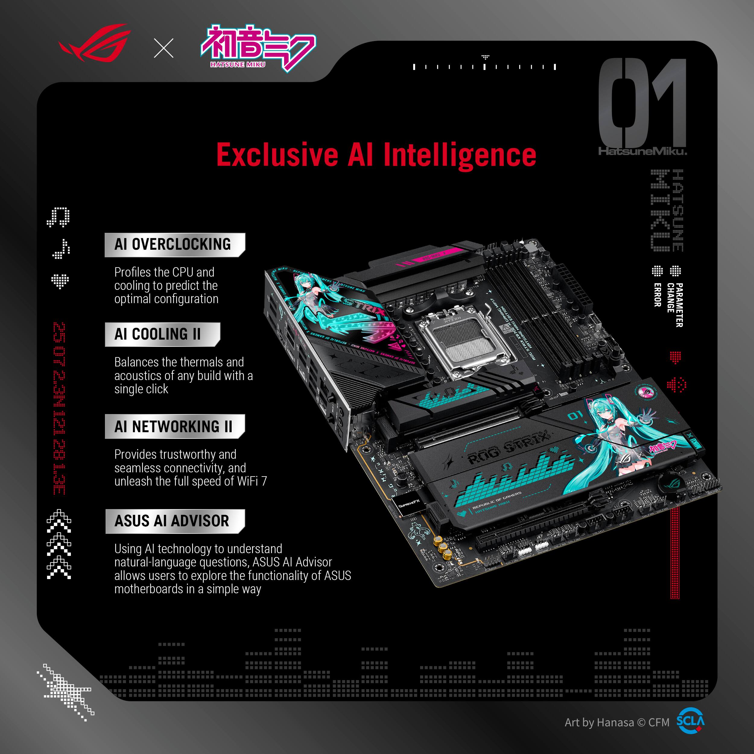 Exclusive AI Intelligence

AI OVERCLOCKING
Profiles the CPU and cooling to predict the optimal configuration

AI COOLING II
Balances the thermals and acoustics of any build with a single click

AI NETWORKING II
Provides trustworthy and seamless connectivity, and unleash the full speed of WiFi 7

ASUS AI ADVISOR
Using AI technology to understand natural-language questions, ASUS AI Advisor allows users to explore the functionality of ASUS motherboards in a simple way

Art by Hanasa © CFM SCLA