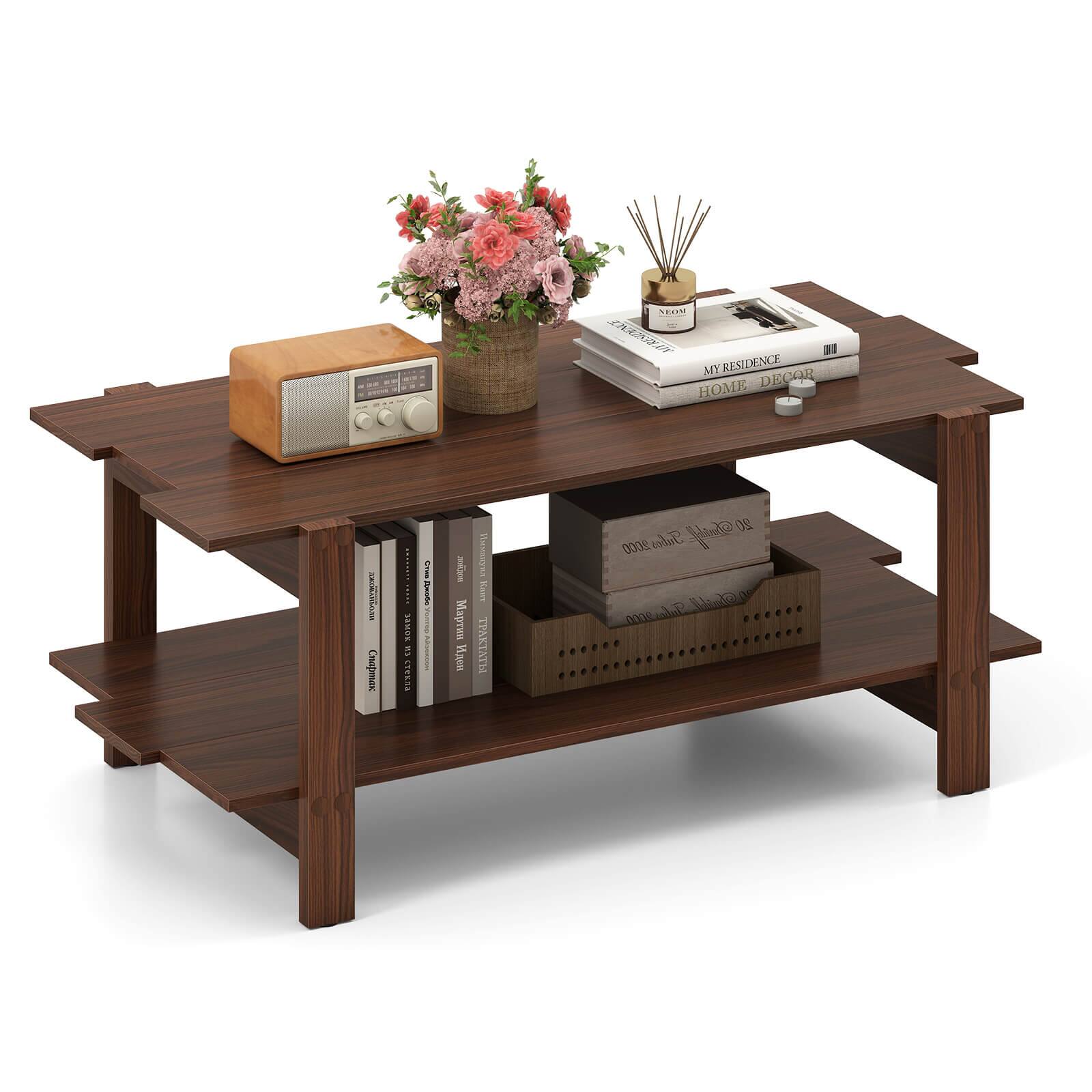 Costway - 2-Tier Coffee Table Irregular Center Table with Open Storage Shelf Cocktail Table - Walnut