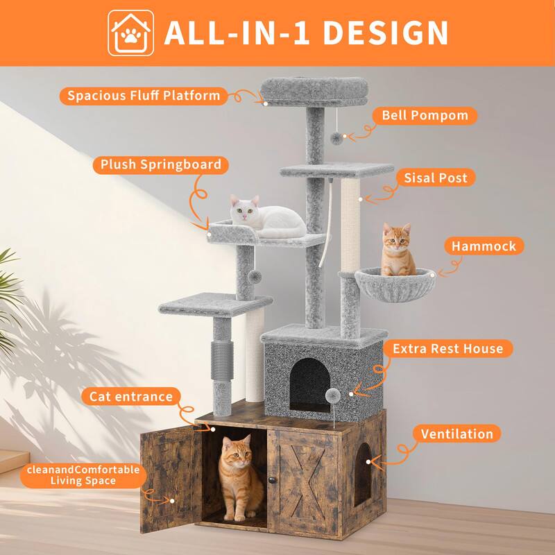 ALL-IN-1 DESIGN

- Spacious Fluff Platform
- Plush Springboard
- Bell Pom Pom
- Sisal Post
- Hammock
- Extra Rest House
- Cat entrance
- Ventilation
- Clean and Comfortable Living Space