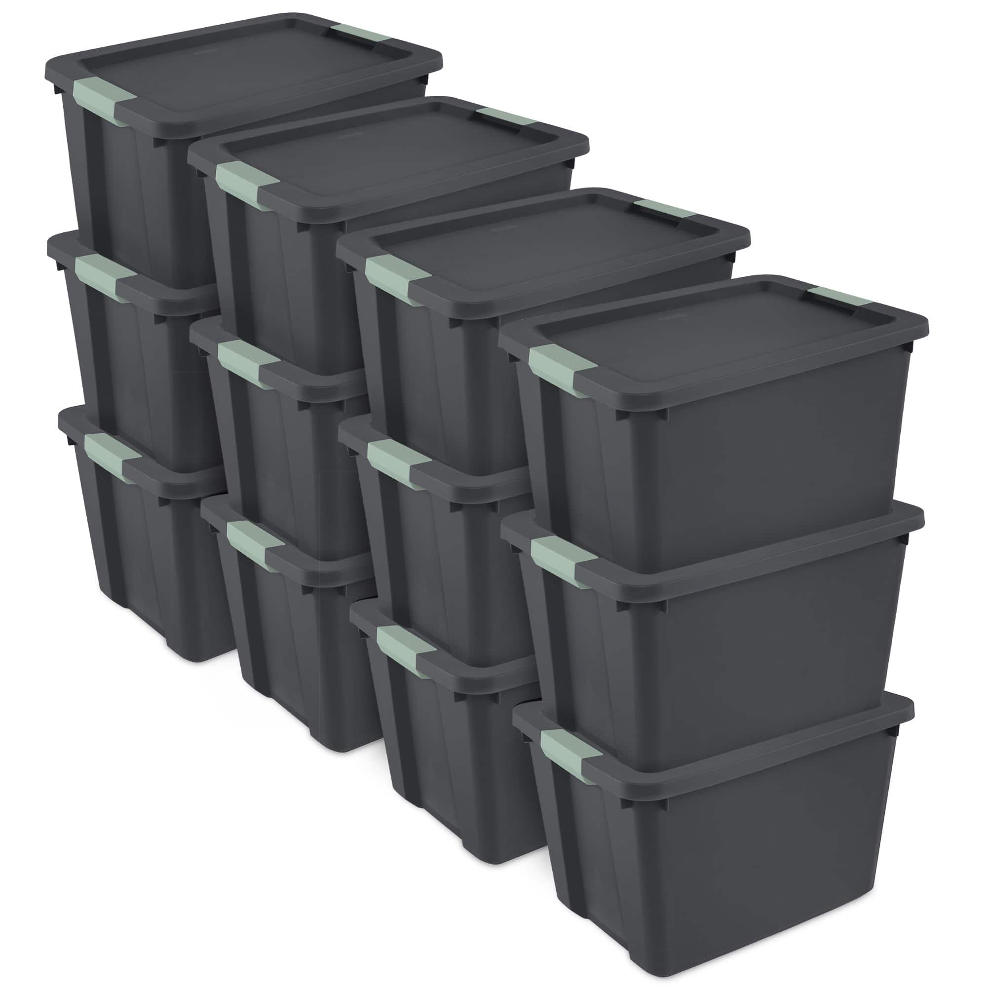 Sterilite - 12 Pack 20 Gallon Latch Tote, Stackable Plastic Storage Bin Container - Gray/Green