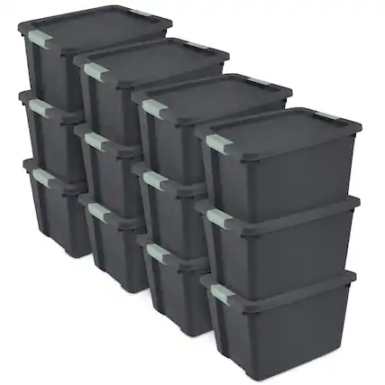 Front. Sterilite - Sterilite 12 Pack 20 Gallon Latch Tote, Stackable Plastic Storage Bin Container - Gray/Green.