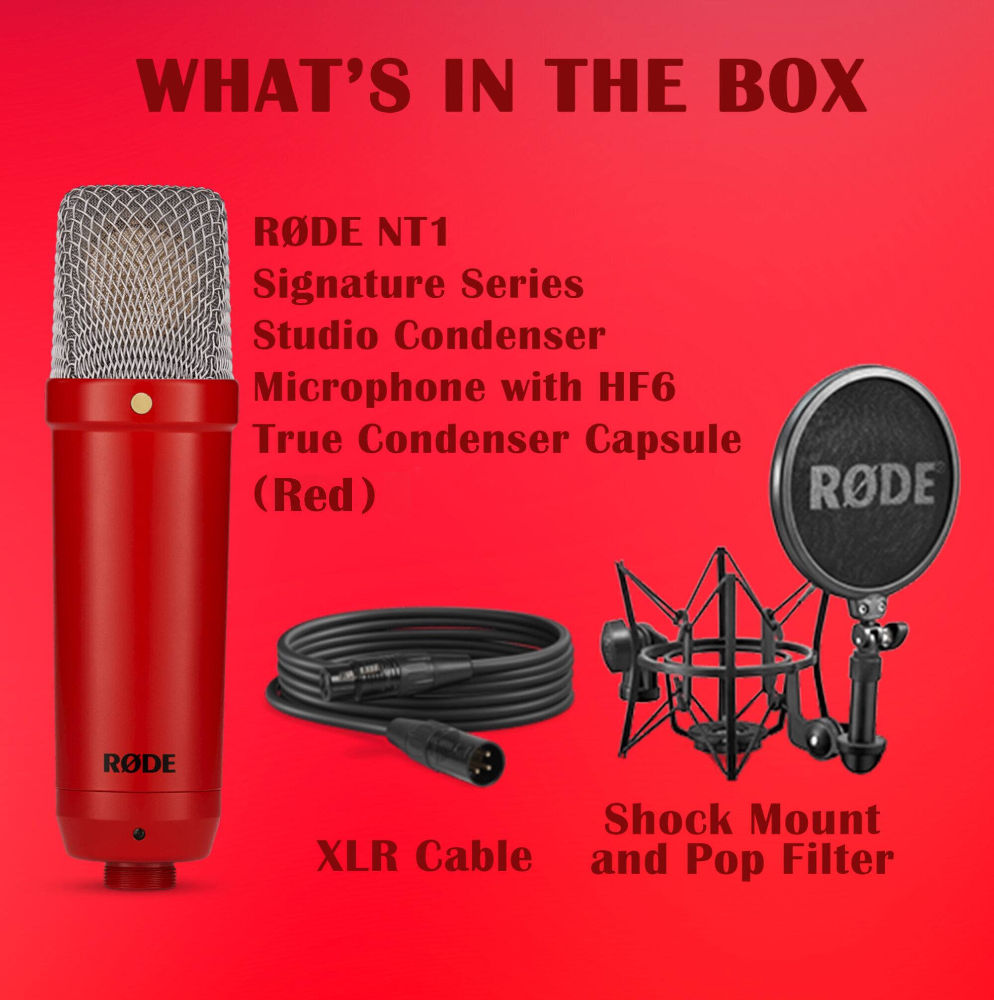 WHAT'S IN THE BOX

- RØDE NT1 Signature Series Studio Condenser Microphone with HF6 True Condenser Capsule (Red)
- XLR Cable
- Shock Mount and Pop Filter