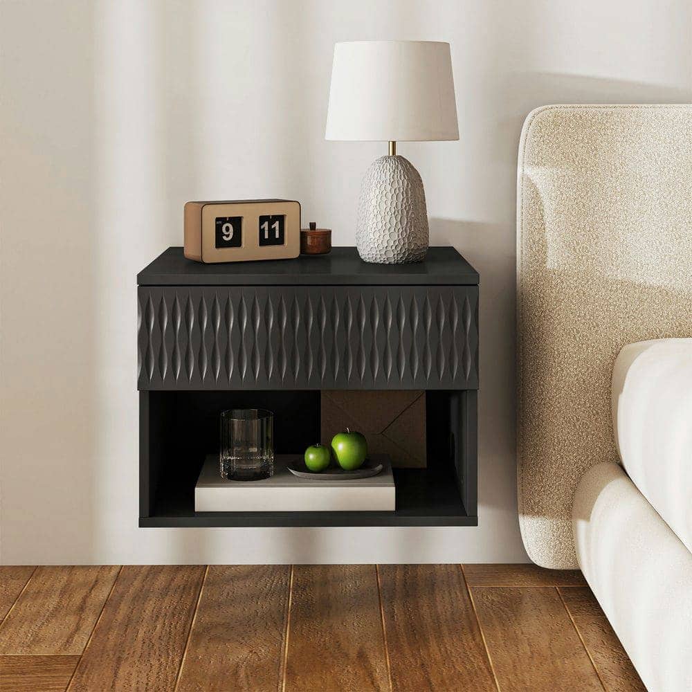 Kadyn - Twist-Textured Double-Mounted Wall-Mounted Floating Nightstand with Drawer for Bedroom - Black