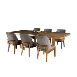Manhattan Lane - Ramie 7pc Dining Table Set, 84-102 Inch Expandable Leaf, 6 Gray Chairs - Chestnut Brown, Gray