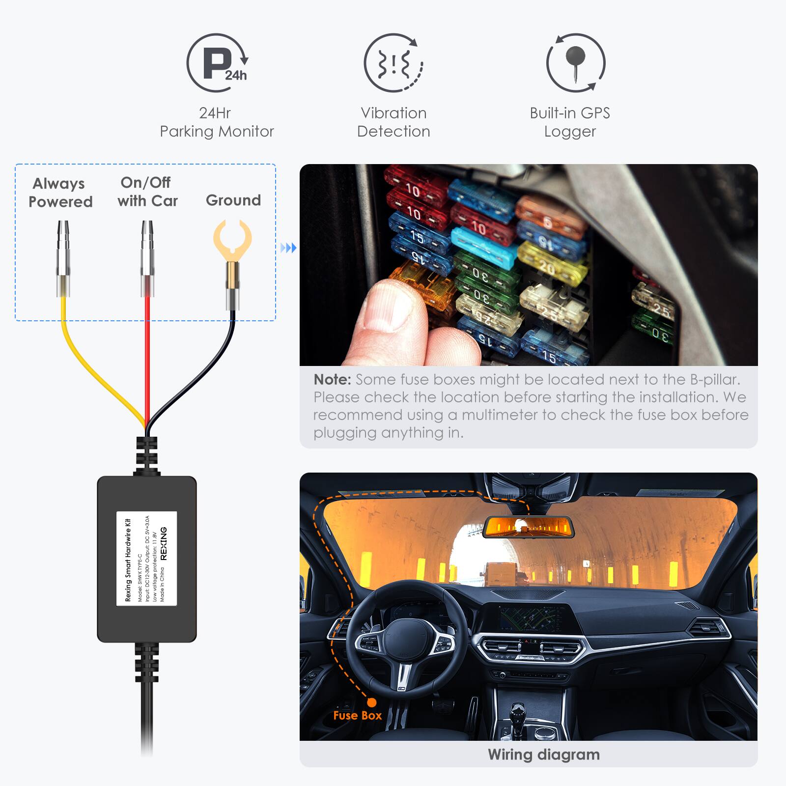 The text on the image is grouped and corrected as follows:

1. Always On/Off Powered with Car Ground:
This text describes that the device is powered by the car's ground connection.
2. 24h 24Hr Parking Monitor:
This text indicates that the device is designed to monitor parking duration for up to 24 hours.
3. Vibration Detection:
This text suggests that the device is equipped with a vibration detection feature.
4. Built-in GPS Logger:
This text indicates that the device has a built-in GPS logger for tracking location.
5. Note:
This text contains a note about the possible location of the fuse box and the importance of checking it before starting the installation.
6. Wiring Diagram:
This text refers to the wiring diagram for the device, which is essential for proper installation.

The image provides a clear explanation of the device's features and functions, as well as some important installation tips.