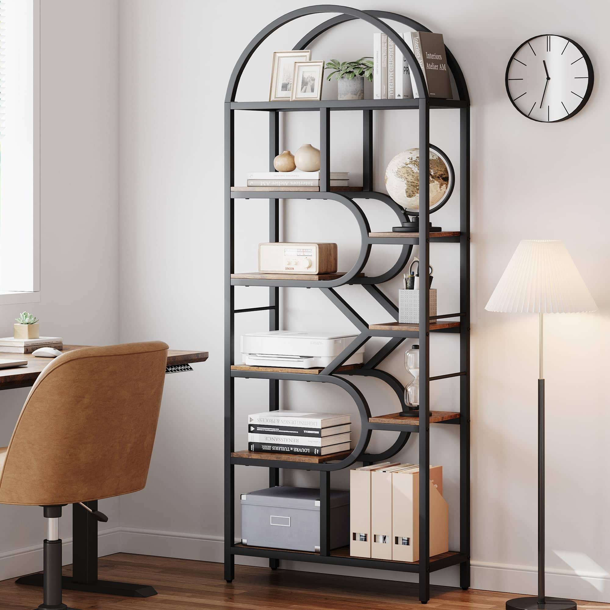 Jojoka - 6-Tier Arched Bookshelf, 82" Tall Modern Geometric Bookcase, Large Metal Frame Display Storage Rack - Brown