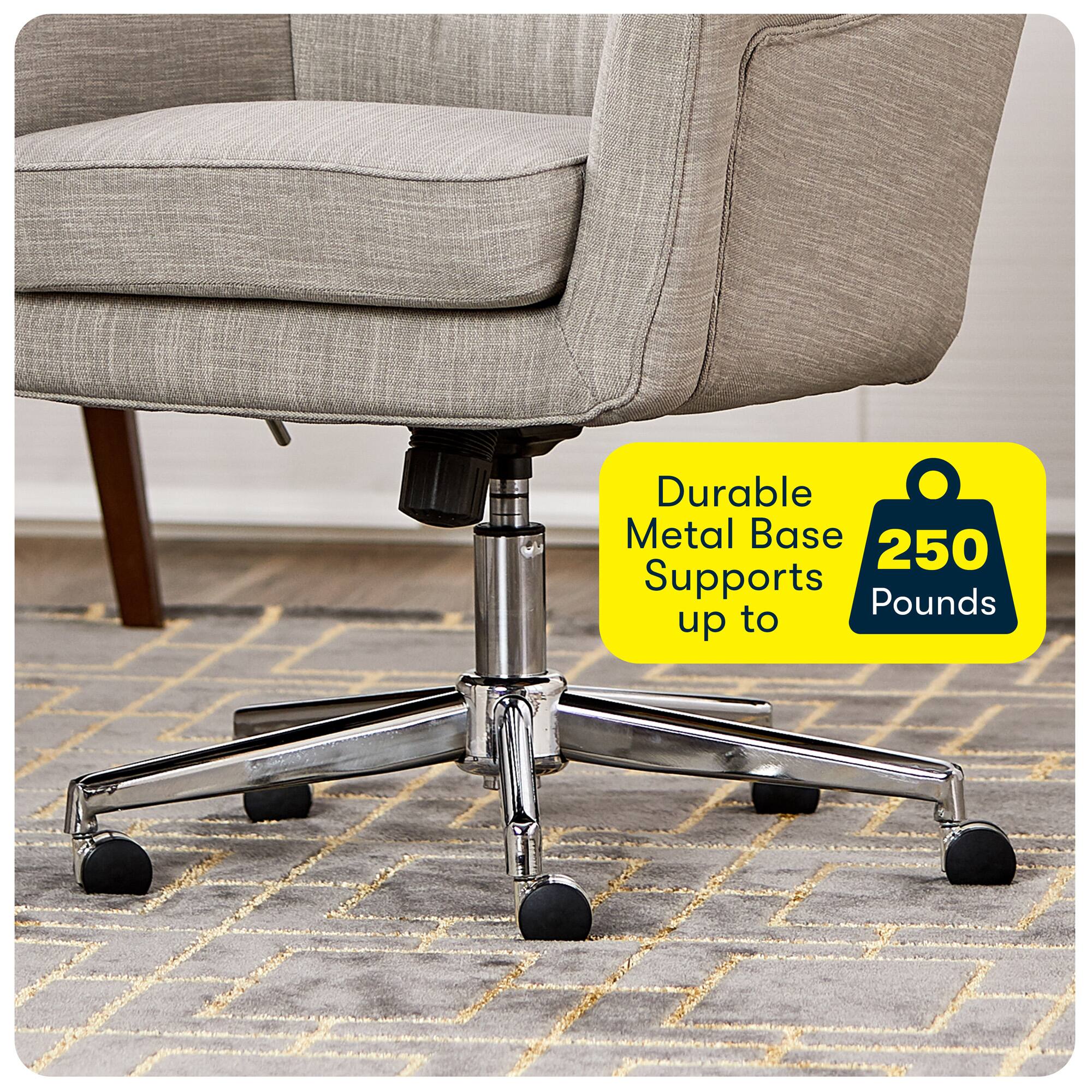 The image features a metal base chair with a gray cushion, sitting on a carpeted floor. The chair has a durable metal base that supports up to 250 pounds. The chair is designed to provide stability and comfort, making it suitable for various settings, such as offices or homes.