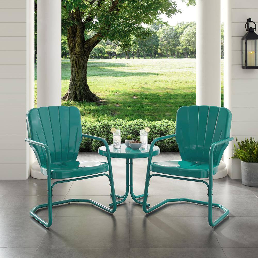 Back. Crosley Furniture - Ridgeland 3Pc Retro Outdoor Chair Set - Side Table & 2 Chairs - Turquoise Gloss.