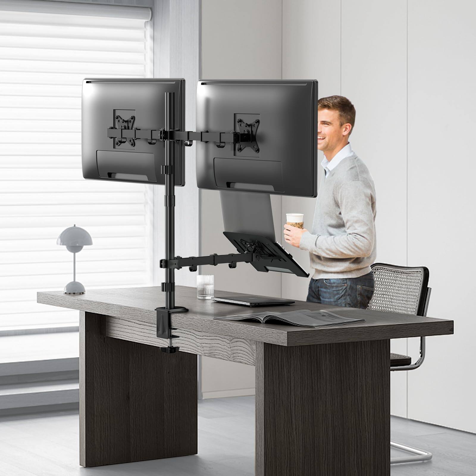 Alt View 6. PO3TICJUNKI3 - Dual Monitor Stand And Laptop Mount Fit Two 17 To 32 Inch 10 17 Extra Tall Adjustable 19.8 Lbs Weight - Default.