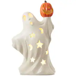 Casafield - Pre-Lit Ceramic Halloween Hand-Painted Tabletop Indoor Home Decor - White Ghost Pumpkin