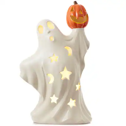 Front. Casafield - Pre-Lit Ceramic Halloween Hand-Painted Tabletop Indoor Home Decor - White Ghost Pumpkin.