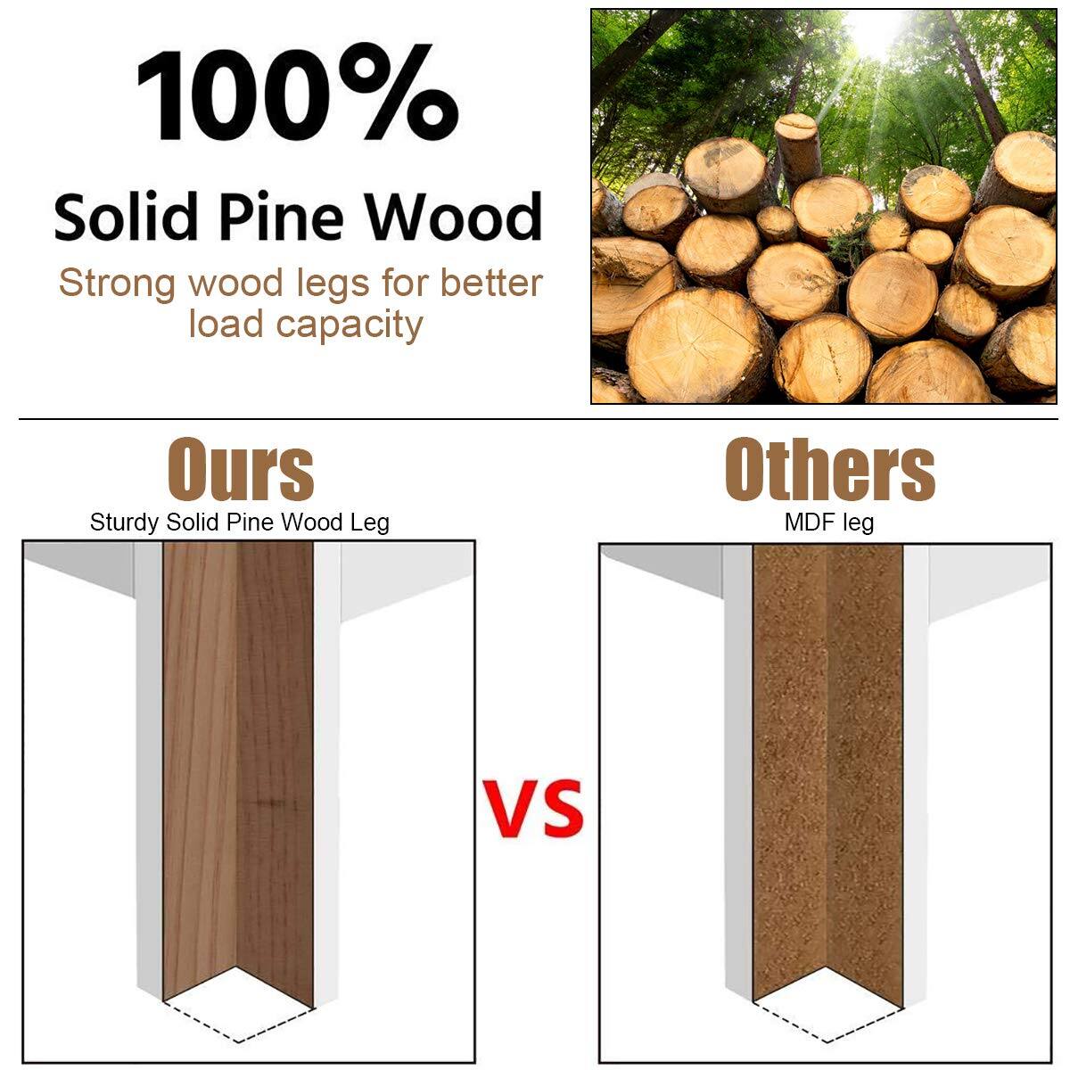 100% Solid Pine Wood  
Strong wood legs for better load capacity  

Ours  
Sturdy Solid Pine Wood Leg  

Others  
MDF leg  

VS