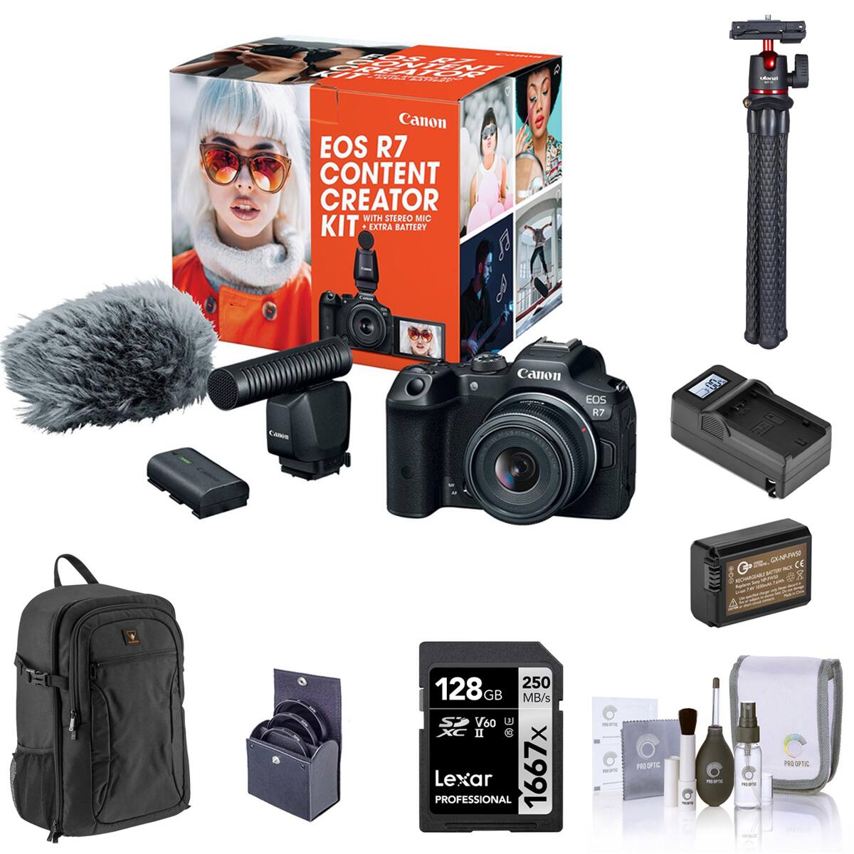 EOS R7 CONTENT CREATOR KIT WITH STEREO MIC KIT EXTRA BATTERY

Canon
EOS R7

For GKAP-FASE CE TETTAS JACK RECHARGEABLE

www.g

128GB 250 MB/s SD V60 U XC II PROFESSIONAL Lexar 1667x

POLIFIE
PROOPTIC
MODICIO
PRODUCTS
PRO OPTIC
