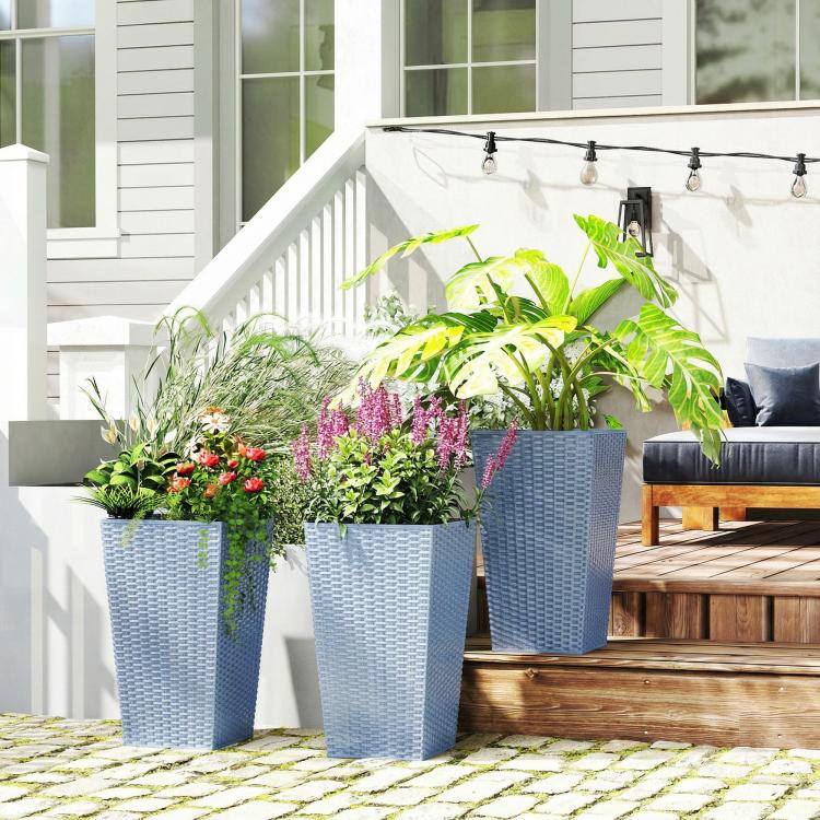Alt View 9. PULUZ - Tall Planters for Outdoor Plants Set of 3, 24 In Taper Planters with Drainage Holes, Rattan Decor Plant Pots - Light Gray.