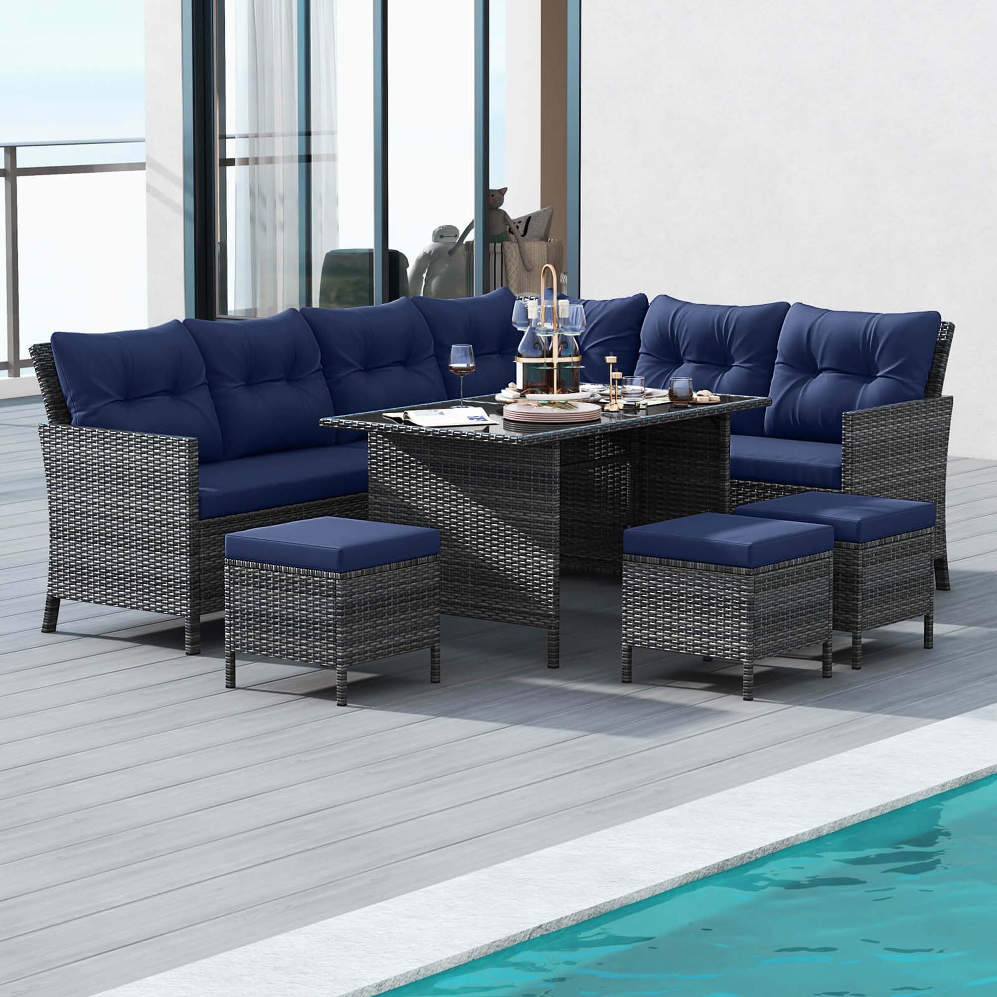 Alt View 4. Costway - 7 PCS Patio Dining Furniture Set PE Rattan Sectional Sofa Set with Soft Cushions - Mix Gray,Navy.