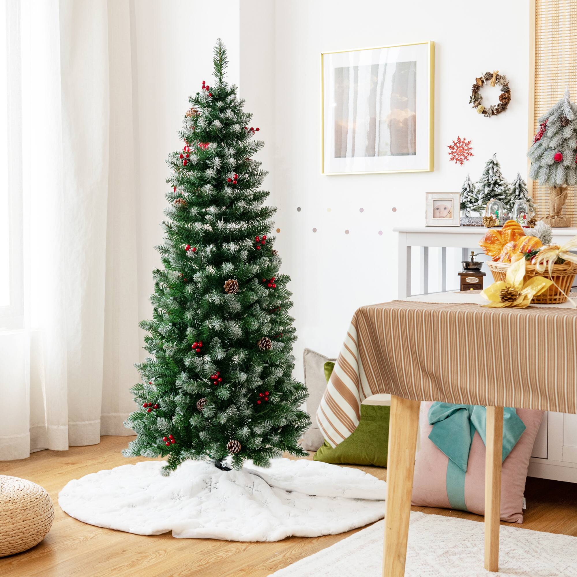 Alt View 2. Gymax - Gymax 5 FT Pre-lit Hinged Christmas Tree Artificial Pencil Xmas Tree w/ LED Lights - Green.