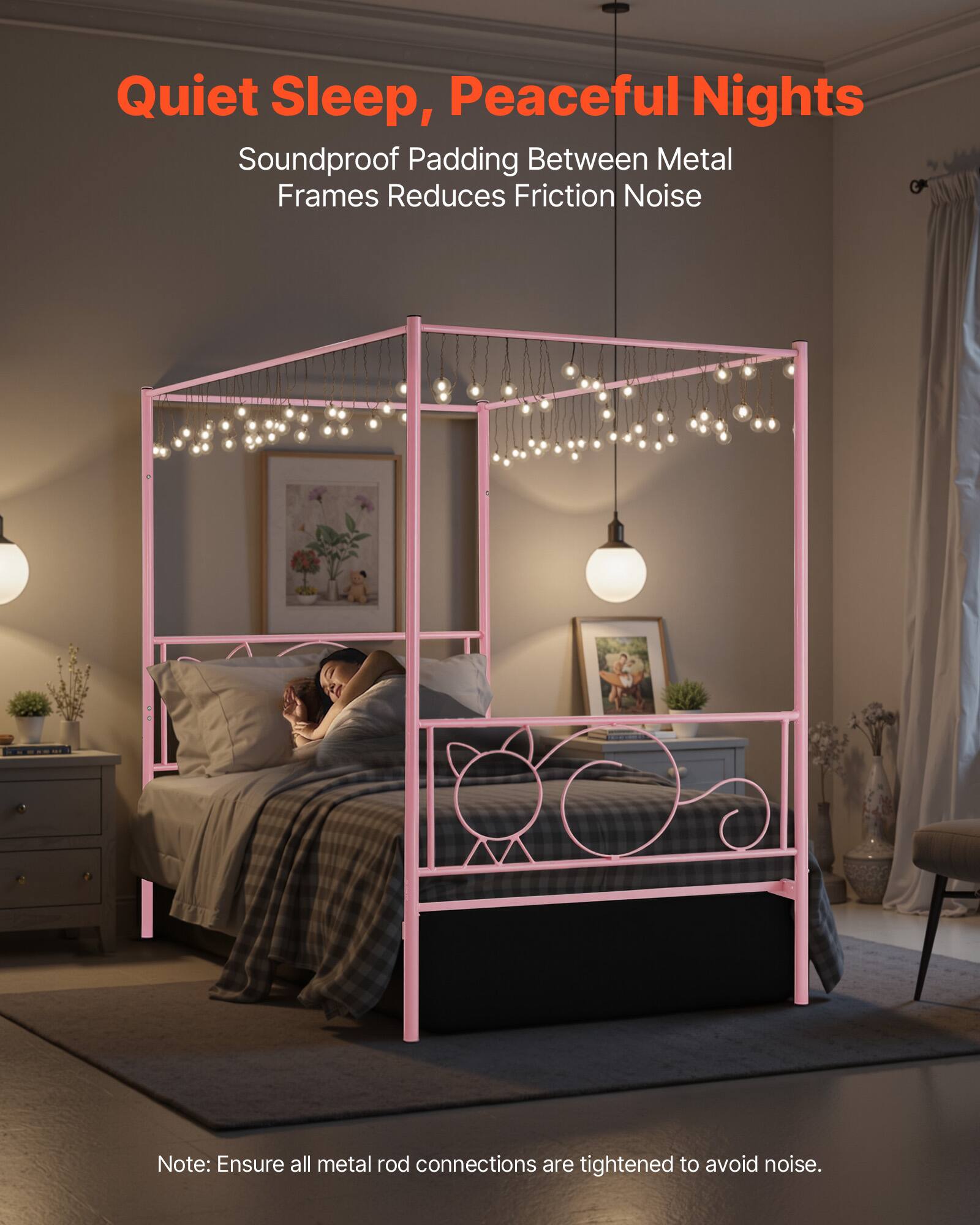Quiet Sleep, Peaceful Nights

Soundproof Padding Between Metal Frames Reduces Friction Noise

Note: Ensure all metal rod connections are tightened to avoid noise.