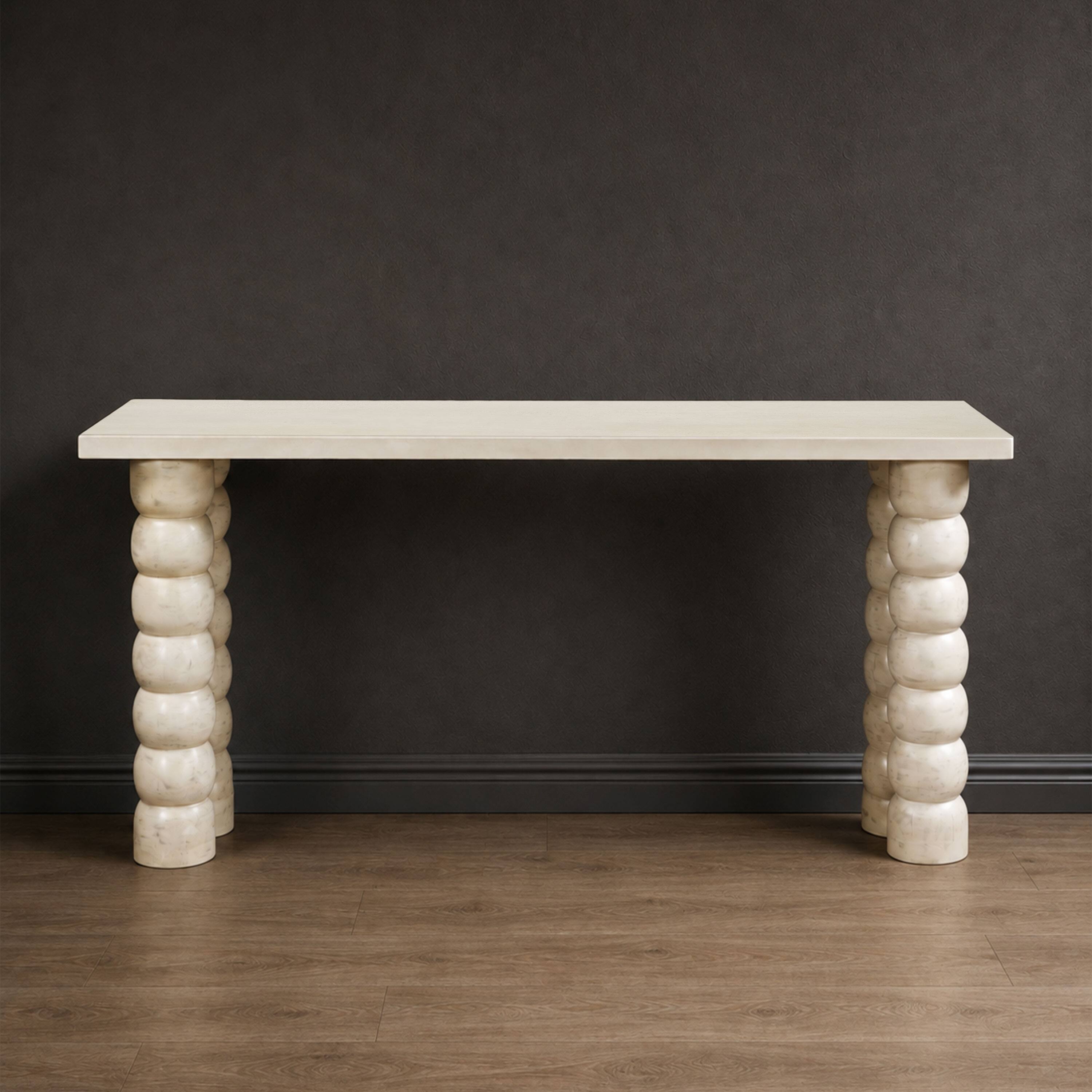 Alt View 3. Manhattan Lane - 69 Inch Sofa Console Table, Antique Mango Wood, Stacked Beaded Legs - Antique White.