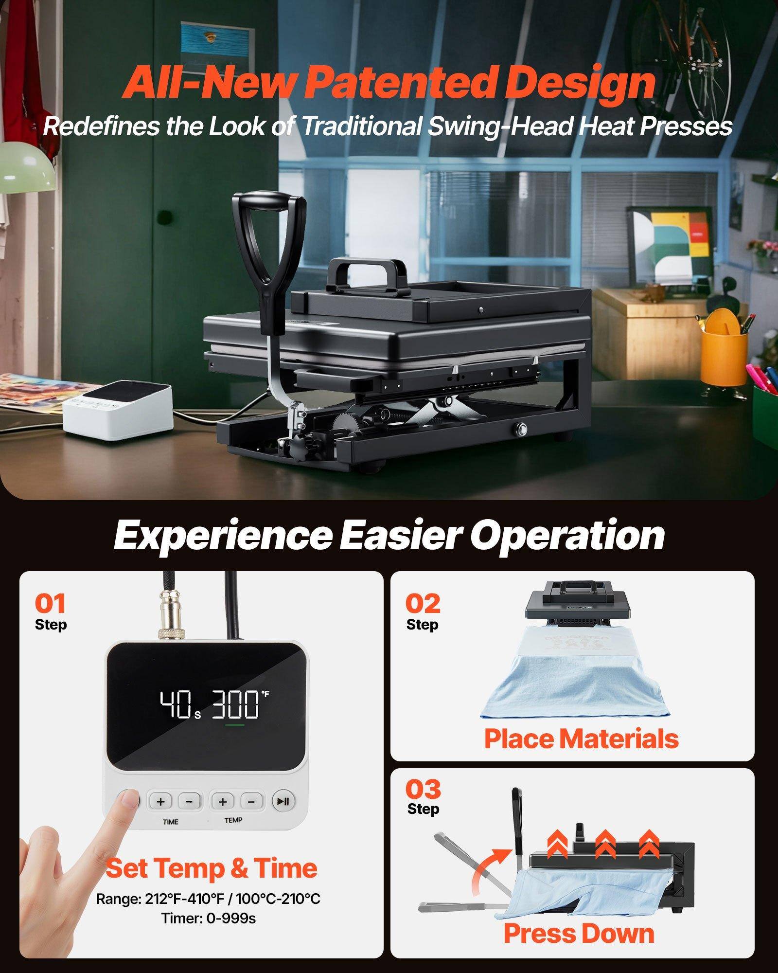 All-New Patented Design  
Redefines the Look of Traditional Swing-Head Heat Presses  

Experience Easier Operation  

01 Step  
Set Temp & Time  
Range: 212°F-410°F / 100°C-210°C  
Timer: 0-999s  

02 Step  
Place Materials  

03 Step  
Press Down