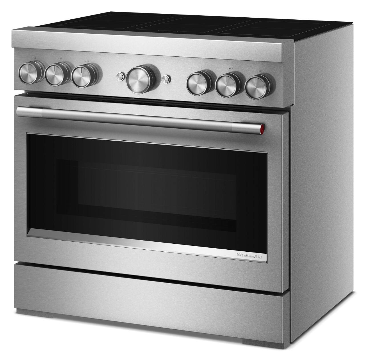 Left. KitchenAid - 5.1 Cu. Ft. Freestanding Electric Induction Commercial-Style Range with Air Fry and 6-Element - Stainless Steel.
