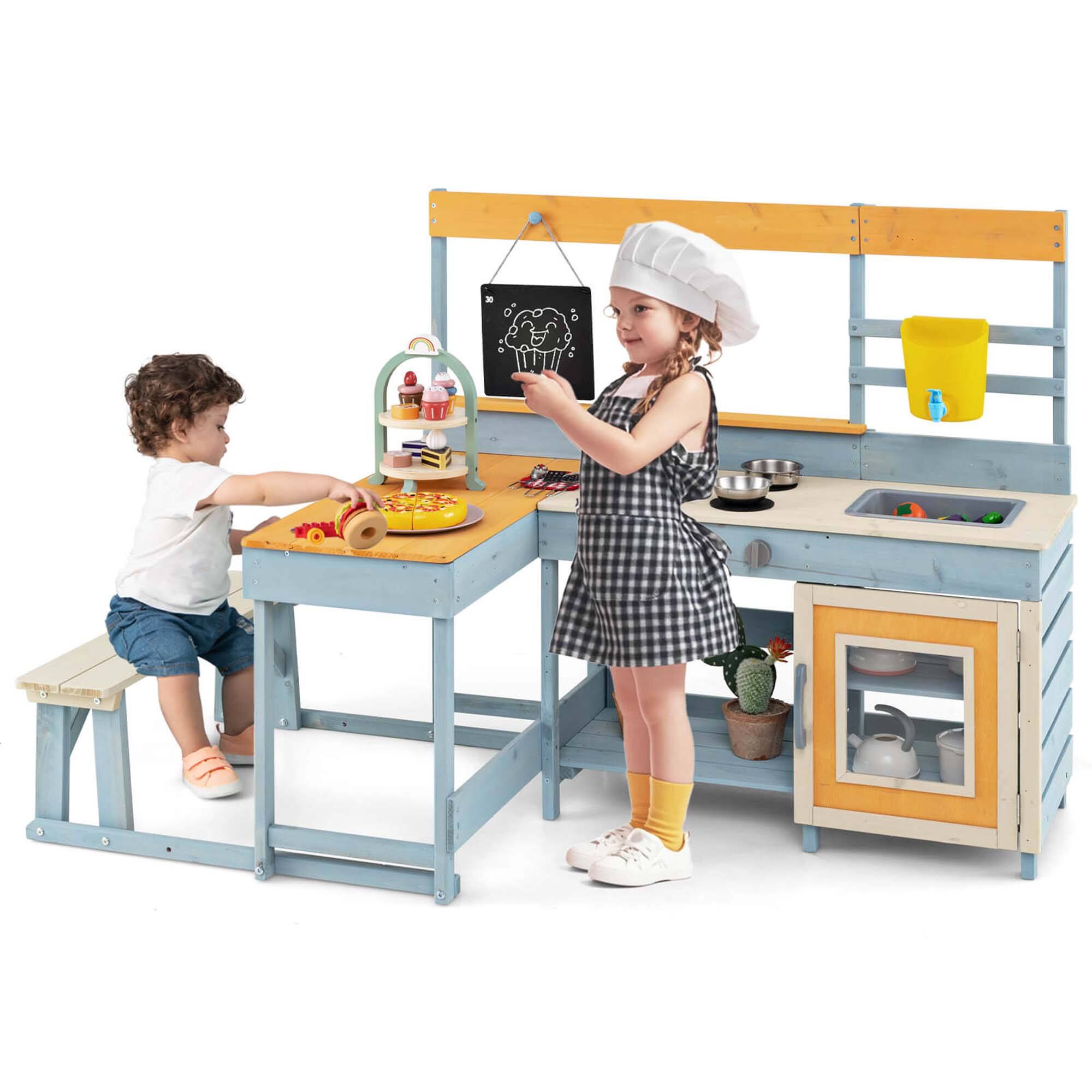 Costway - Mud Kitchen with Kids Picnic Table Built-in Bench Blackboard Water Box Sink - Multicolor