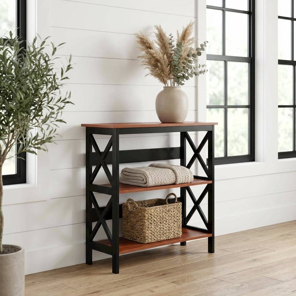 Back. FurniFact - Wooden 3-Tier Bookcase with Non-Lead Base Paint for Home and Office Storage - Cherry.