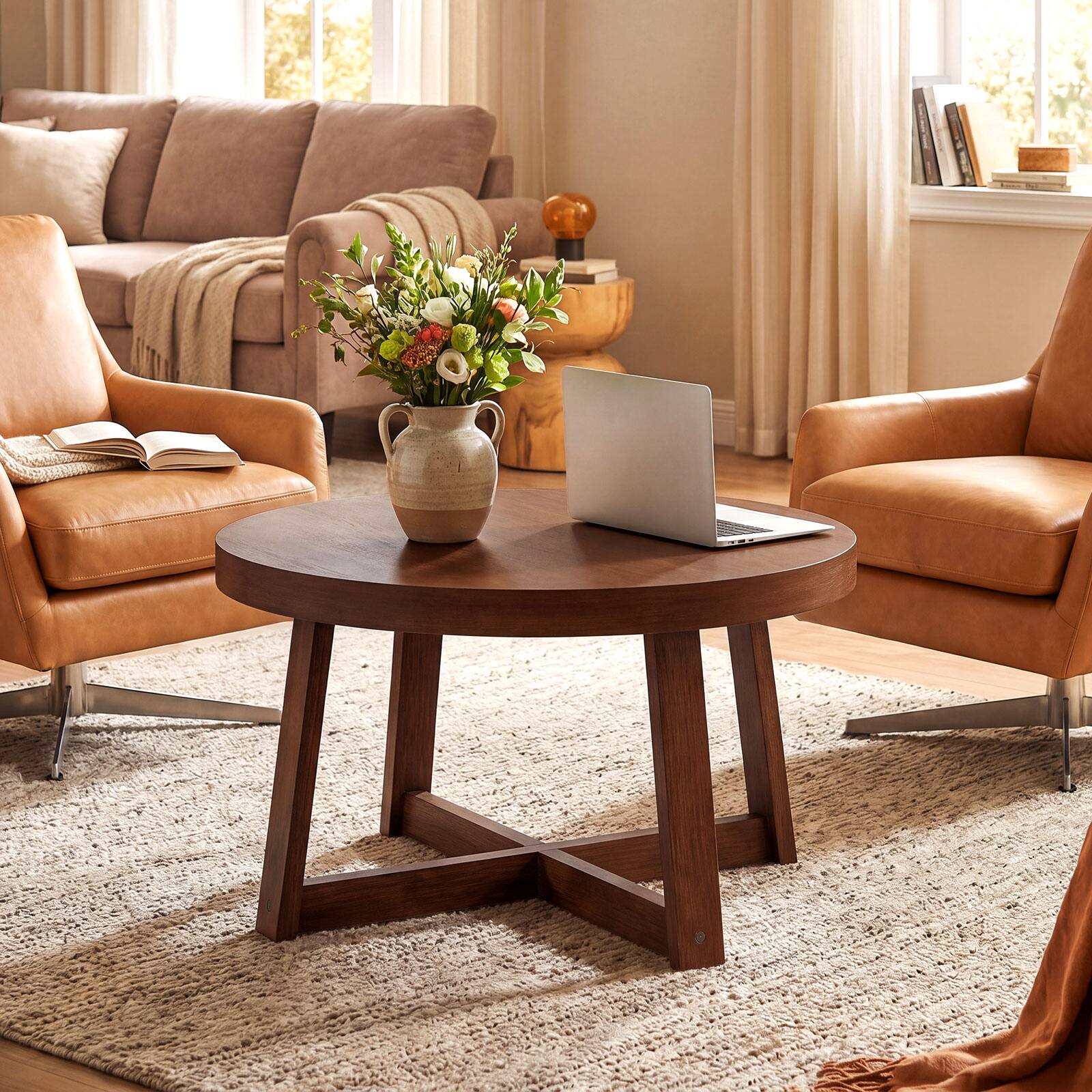 Alt View 3. Gymax - Gymax 30'' Wood Accent Table w/Thickened Top Cross-shaped Support Frame for Living Room Walnut - Brown.