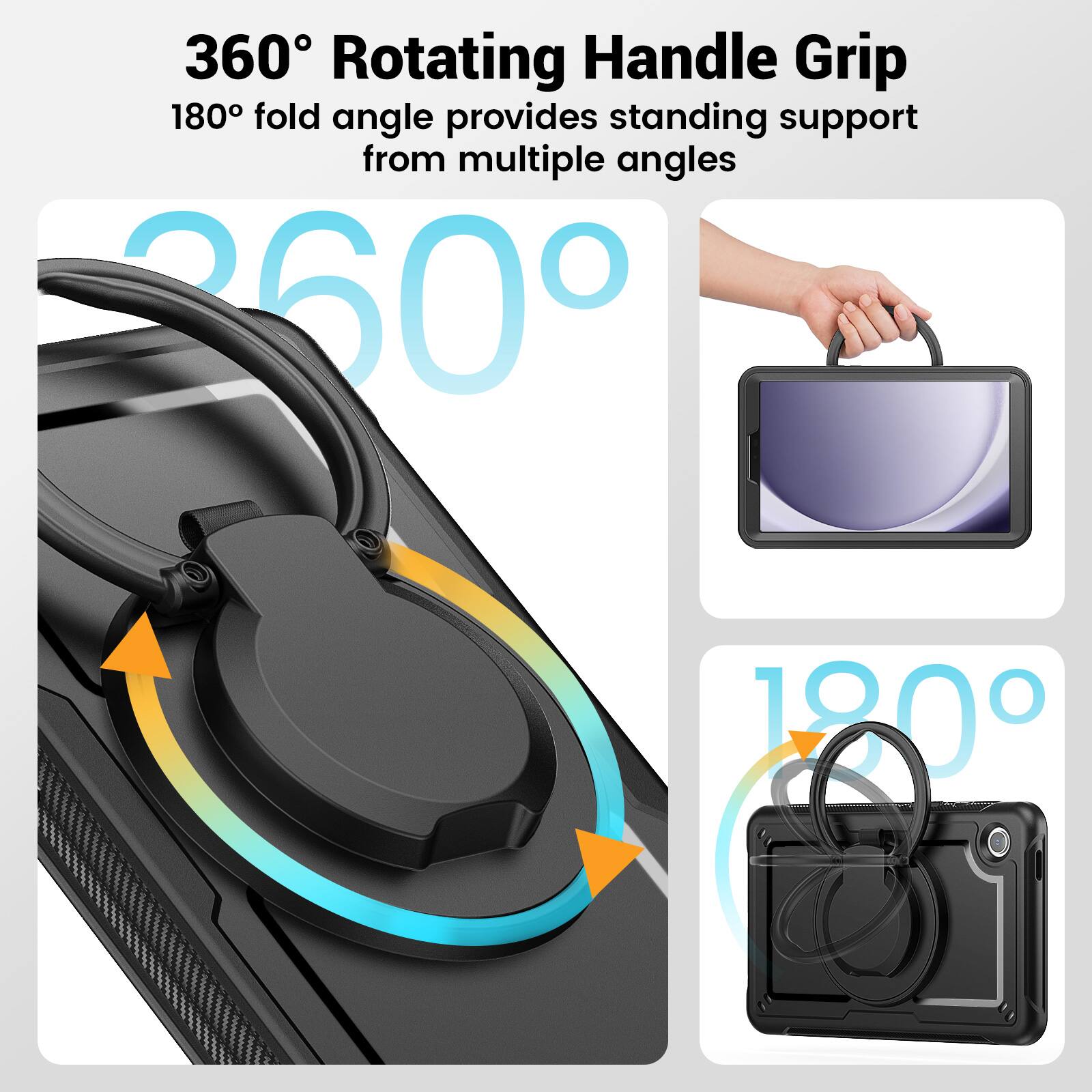 360° Rotating Handle Grip  
180° fold angle provides standing support from multiple angles