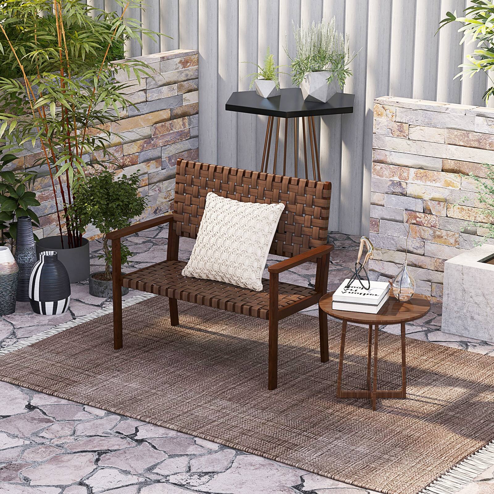 Alt View 3. Costway - Costway Patio Loveseat All Weather Bench w/Solid Rubber Wood Frame&Hand Woven PU Leather - Natural.