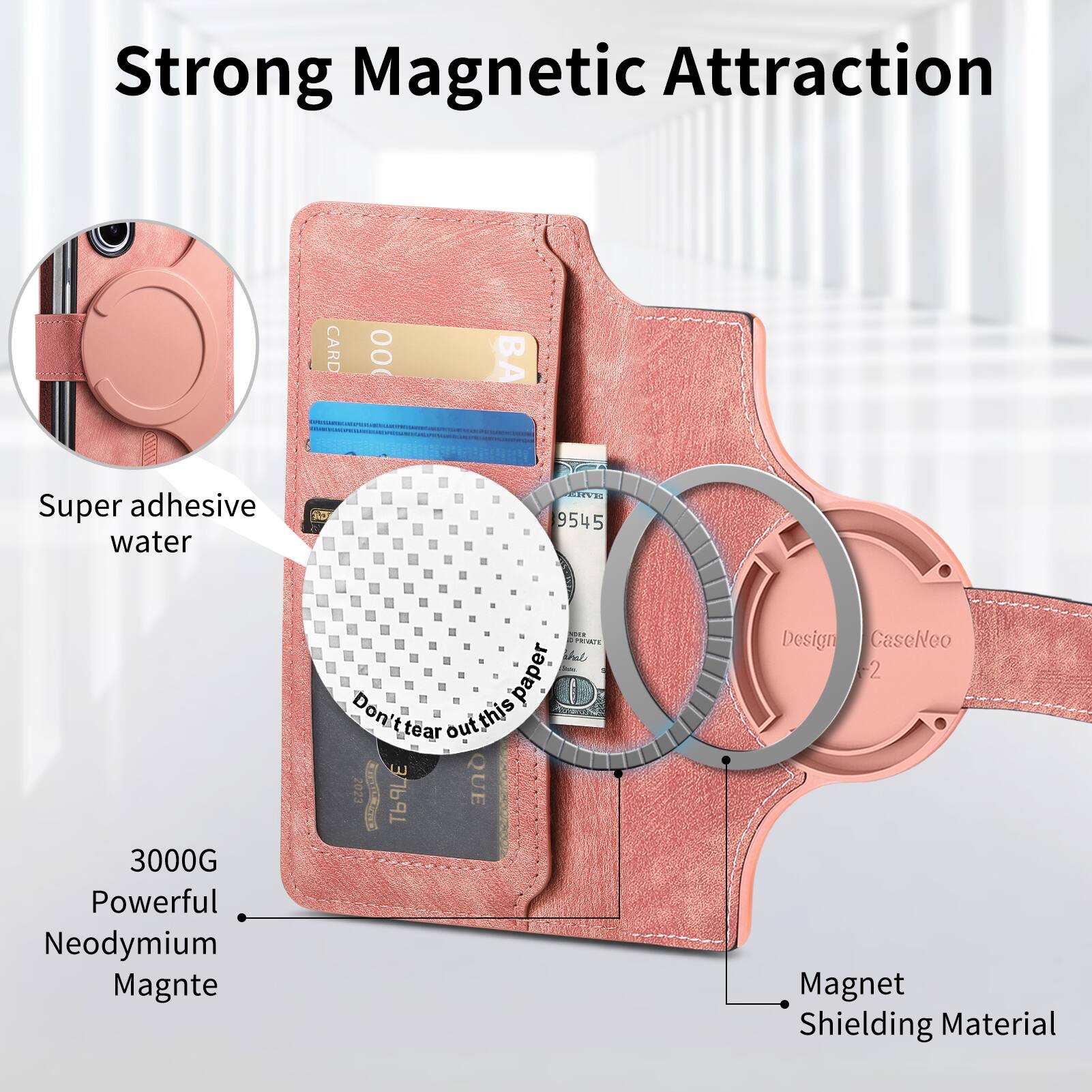 Strong Magnetic Attraction  
CARD 00 B Super adhesive water RVE 9545  
3000G Powerful Neodymium Magnet  
Don't tear out this paper  
2023 SWS 9LE QUE  
Design CaseNeo 2  
Magnet Shielding Material