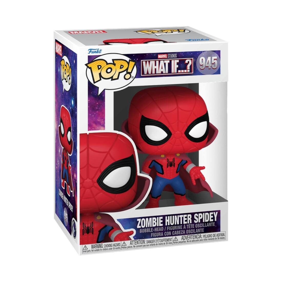 MARVEL STUDIOS WHAT IF...? 945 POP! ZOMBIE HUNTER SPIDEY FIGURINE A TTE OSCILLANTE, o3 BOBBLE-HEAD FIGURA CON / CABEZA OSCILANTE ASFIA ADVERTENCIA: PELIGRO DE A n . 3 nees TOUFFEMENT adouad 301 - ATTENTION: DANGER O Partes pequeros 1o - A mers a aon HAZARO a enters a WARNING: CHOKING Petles paces - caert oE dhide - 1 nerths M stte FRiot I M Funko