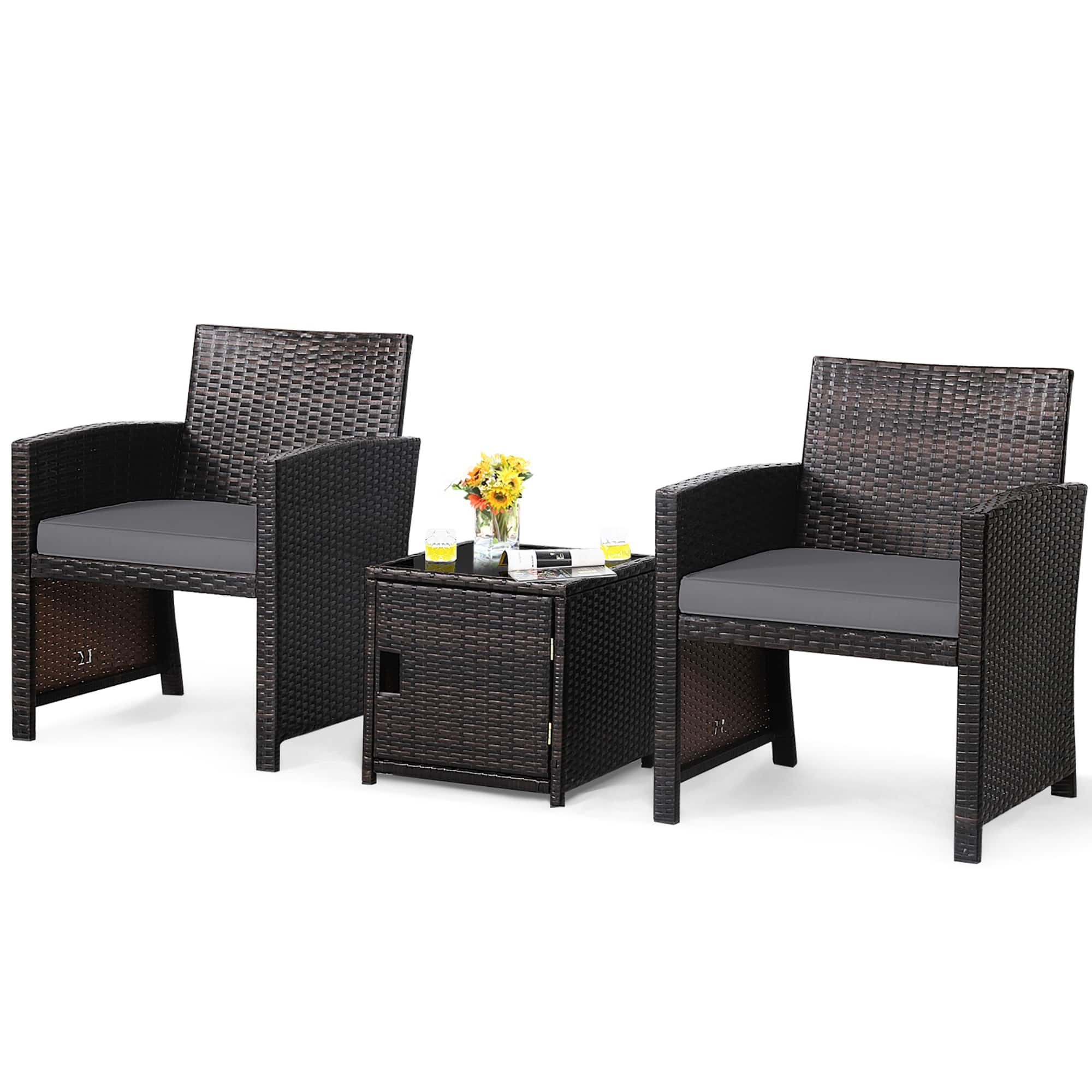 Front. Costway - 3PCS Patio Wicker Furniture Set Storage Table W/Protect Cover - Gray,Mix Brown.