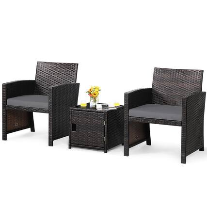 Front. Costway - 3PCS Patio Wicker Furniture Set Storage Table W/Protect Cover - Gray,Mix Brown.