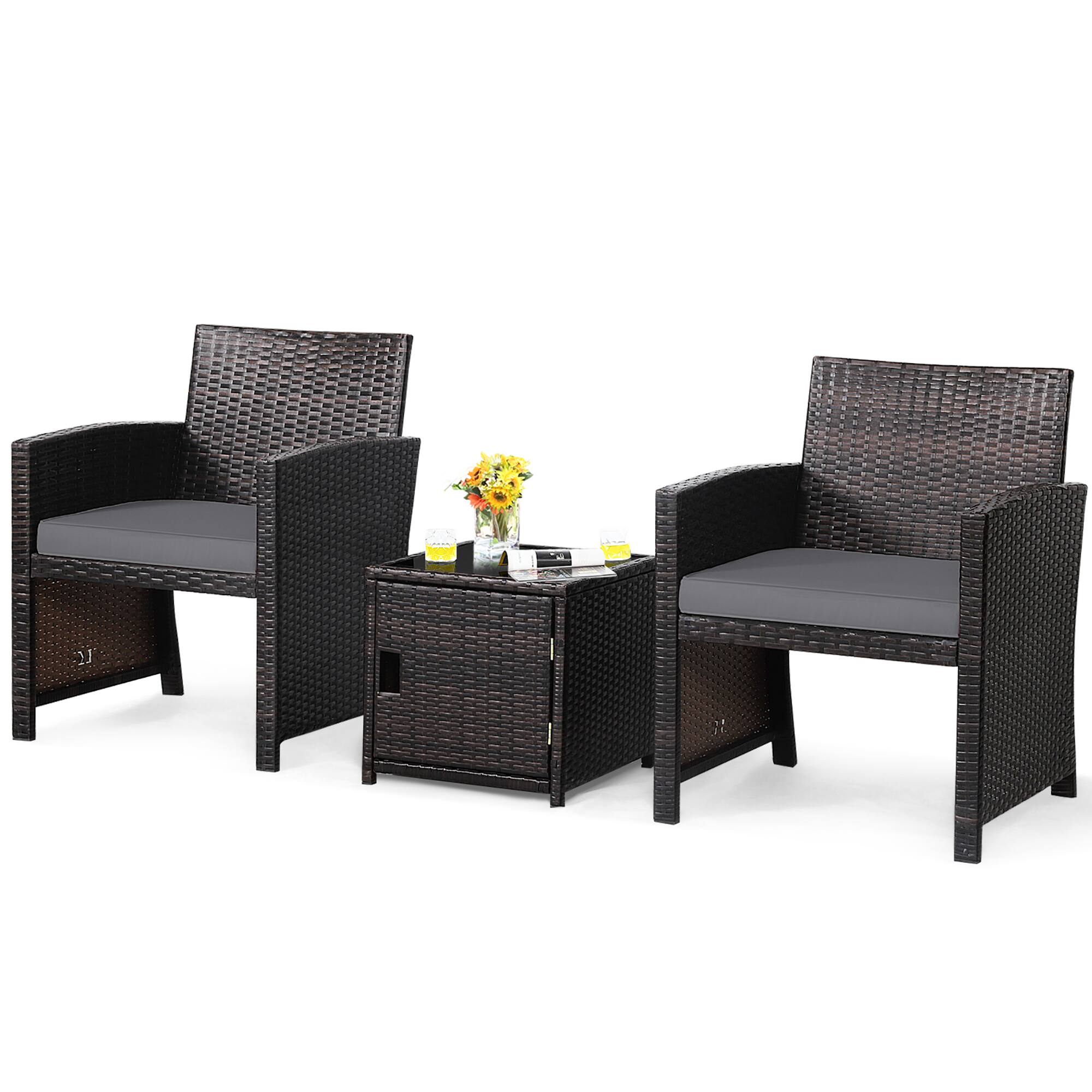 Front. Costway - 3PCS Patio Wicker Furniture Set Storage Table W/Protect Cover - Gray,Mix Brown.