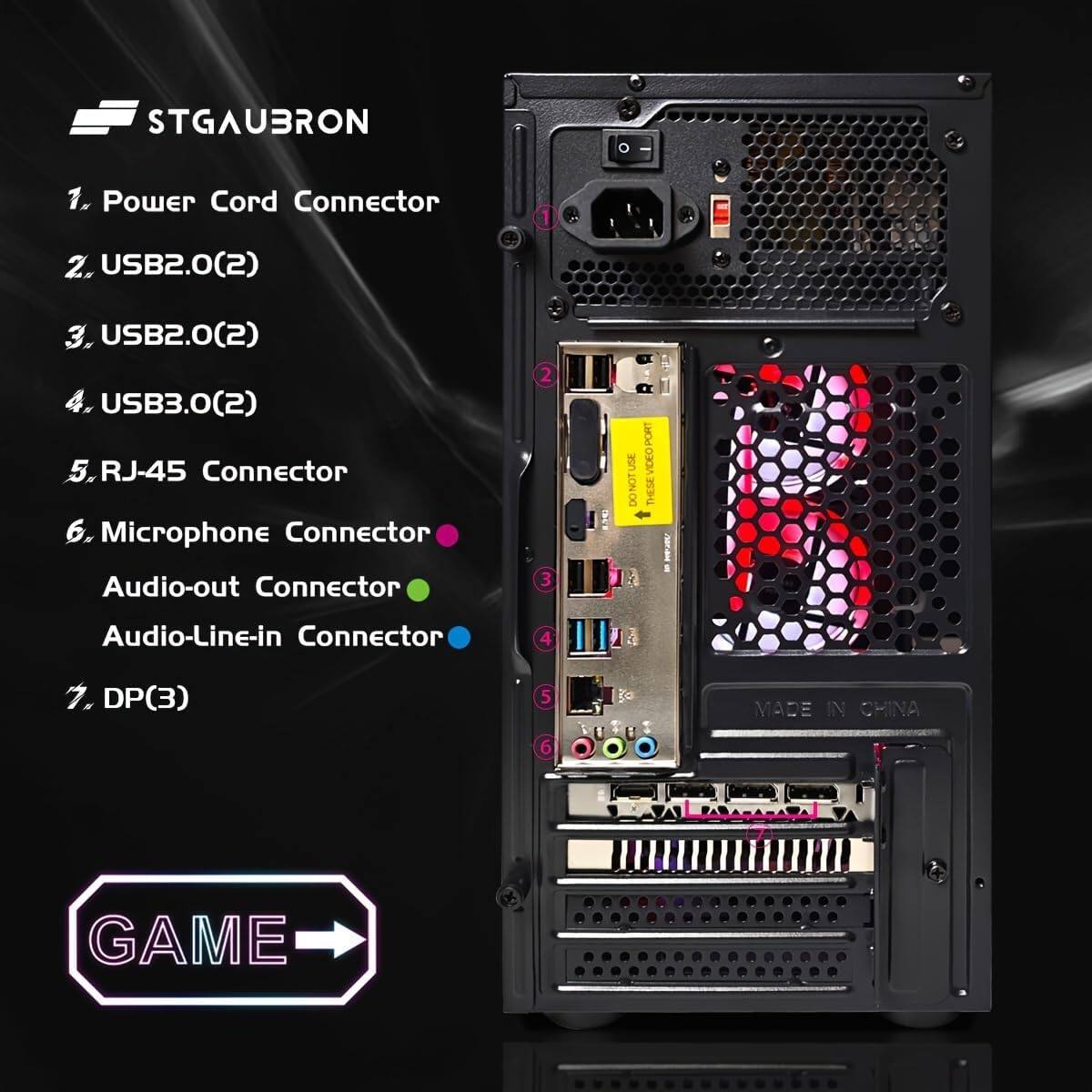 STGAUBRON

1. Power Cord Connector  
2. USB2.0(2)  
3. USB2.0(2)  
4. USB3.0(2)  
5. RJ-45 Connector  
6. Microphone Connector  
   Audio-out Connector  
   Audio-Line-in Connector  
7. DP(3)  

MADE IN CHINA  

GAME