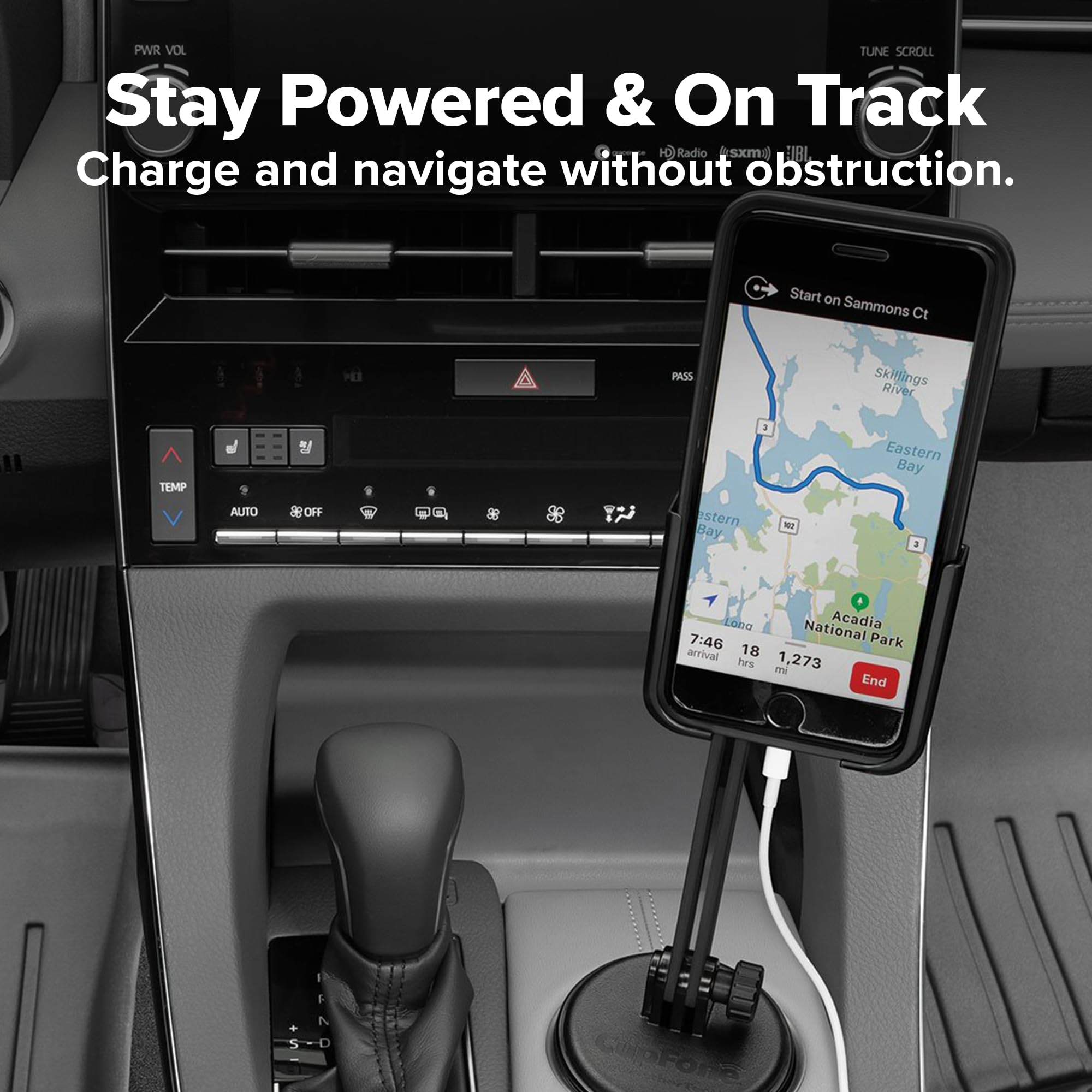 PWR VOL TUNE SCROLL  
Stay Powered & On Track  
Radio (sxm1) IBI  
Charge and navigate without obstruction.  

Start on Sammons Ct  
PASS  
Skillings River  
TEMP  
AUTO  
OFF  
88  
Eastern Bay  

Eastern Bay :  
Lona National Acadia 7:46 18 Park arrival hrs 1,273 mi End  
I R 7 -  

CupFone