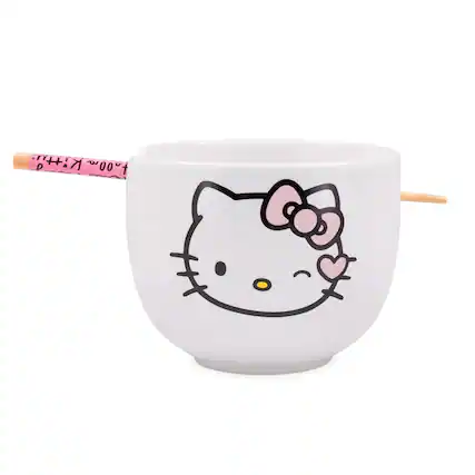 Front. Silver Buffalo - Sanrio Hello Kitty Winking 20-Ounce Ceramic Ramen Bowl With Chopsticks - White.
