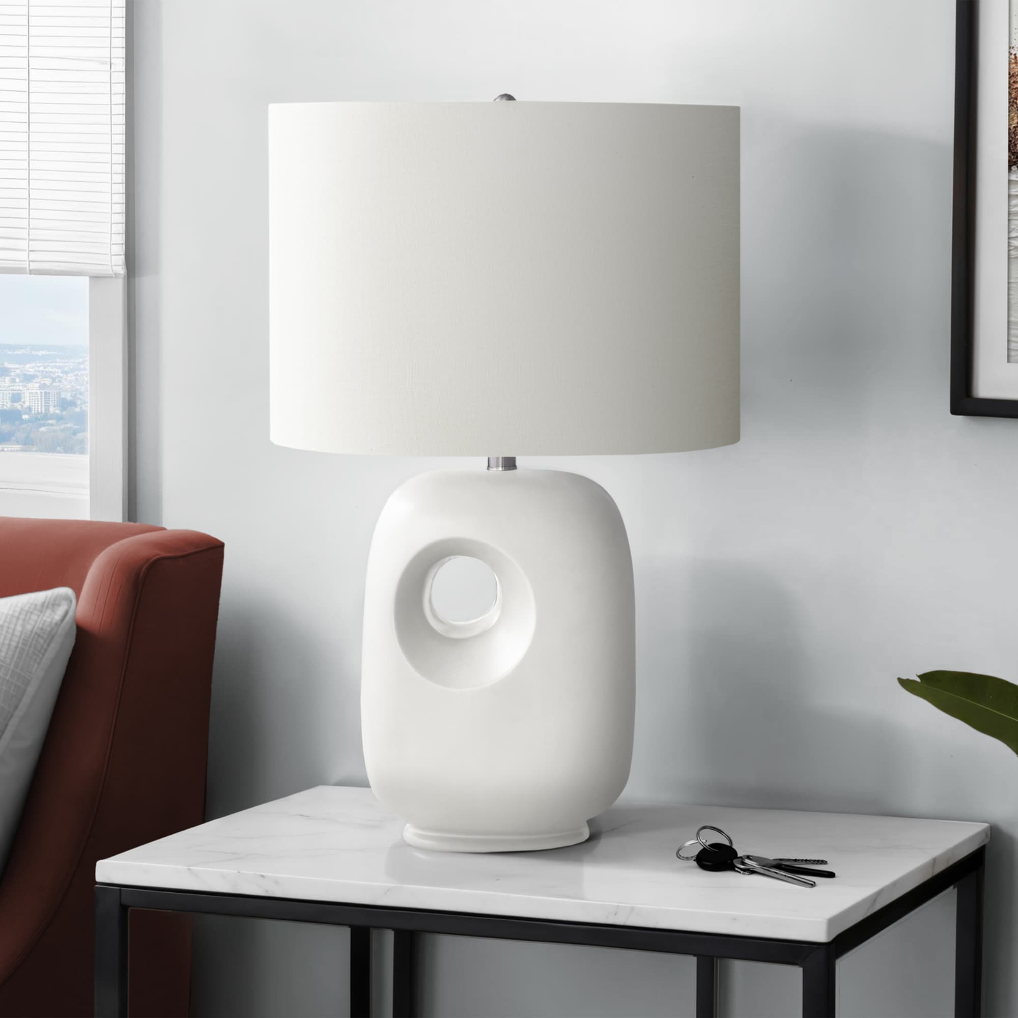 Back. Luckbyte - 26 Inch White Ceramic Table Lamp Ivory Cream Shade Contemporary Modern Light.