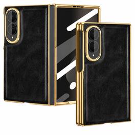 Dteck - For Samsung Galaxy Z Fold8 Luxury Leather Case with Screen Protector Included,Shockproof Gold Plating Edge Cover - Black
