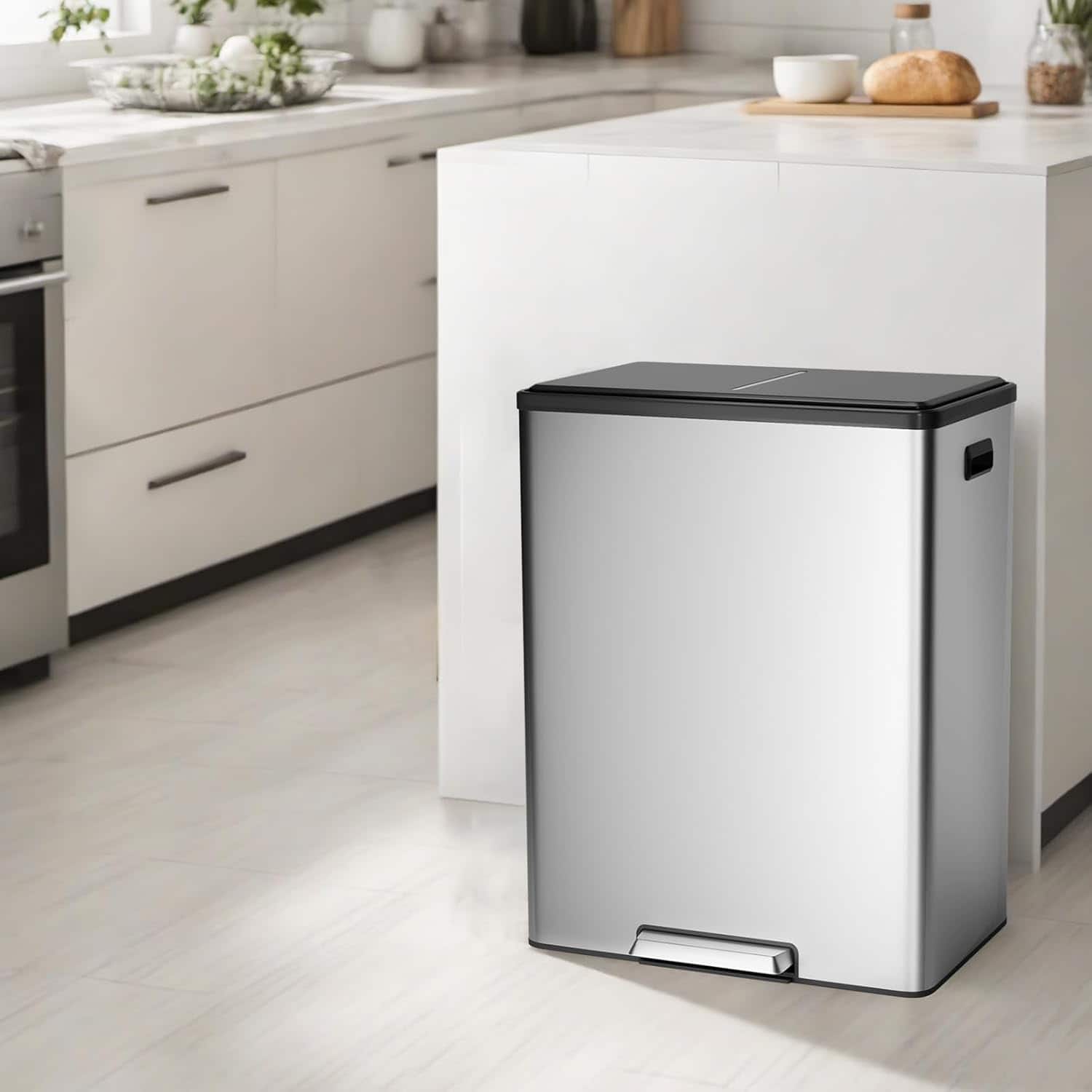 Acekool - 16 Gallon Dual Step Trash Can with Lid, 2 Removable Bins, Stainless Steel Double Recycling Bin for Kitchen & Bathroom - Silver