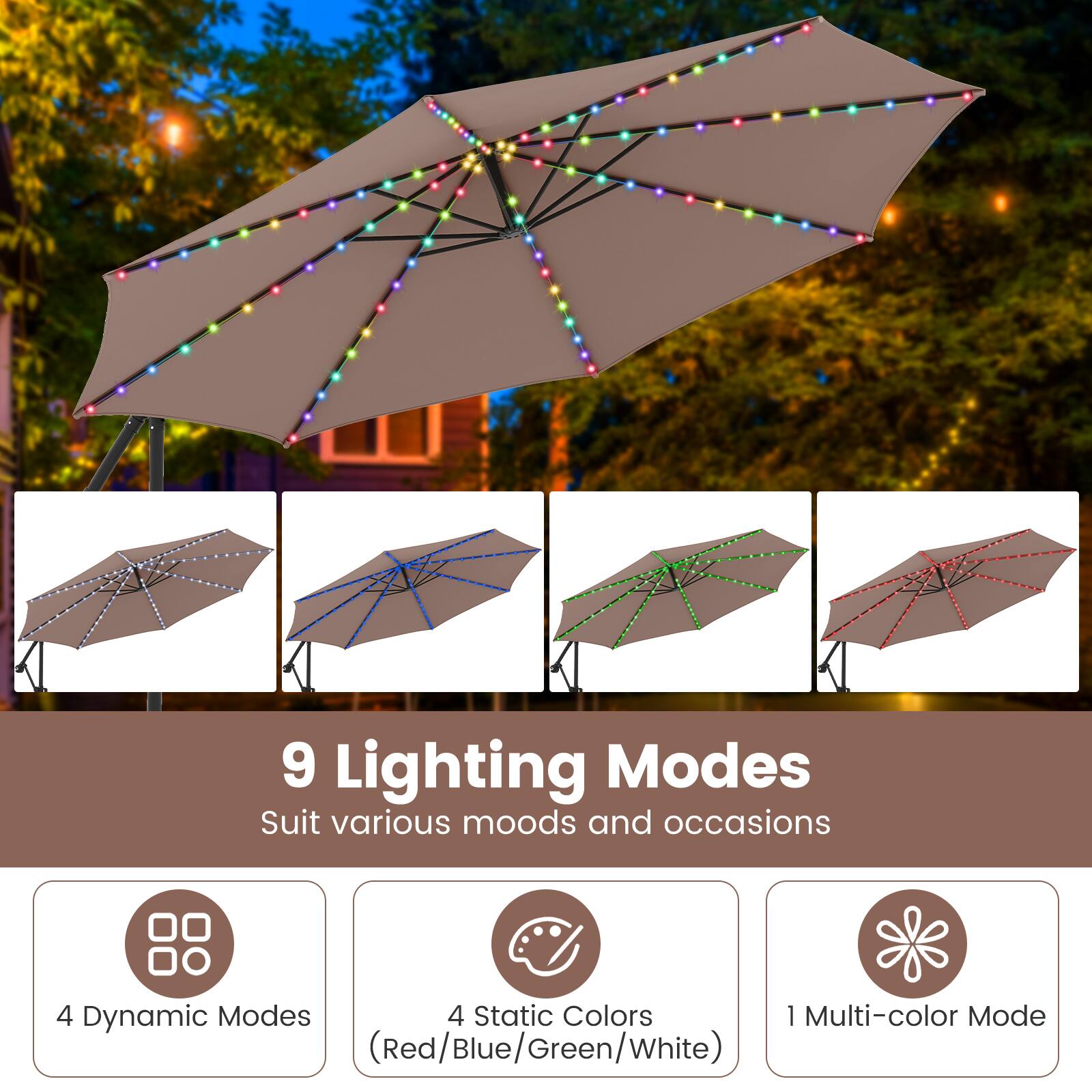9 Lighting Modes  
Suit various moods and occasions  

4 Dynamic Modes  
4 Static Colors (Red/Blue/Green/White)  
1 Multi-color Mode