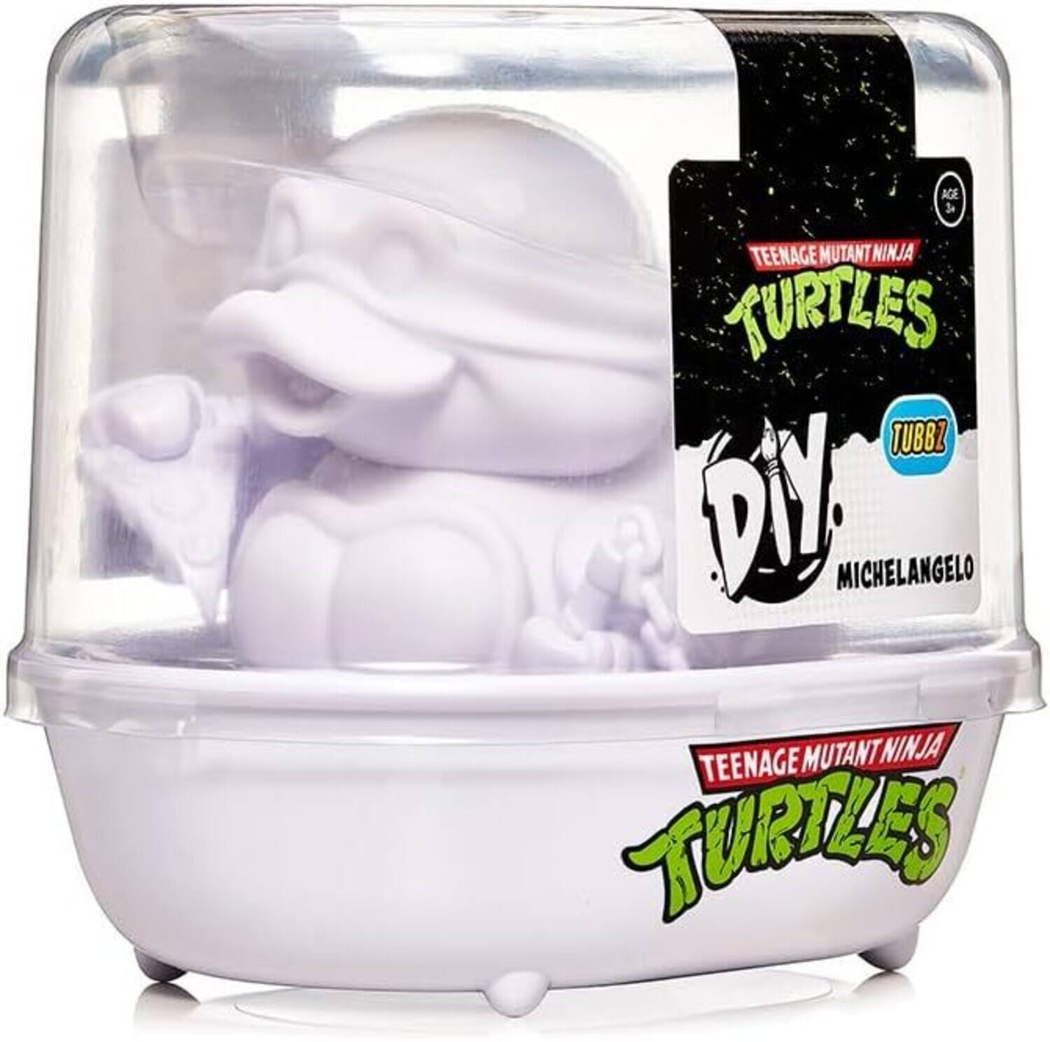 The text on the image is: "AGE 3+ TEENAGE MUTANT NINJA TURTLES TUBBZ DIY MICHELANGELO TEENAGE MUTANT NINJA TURTLES."