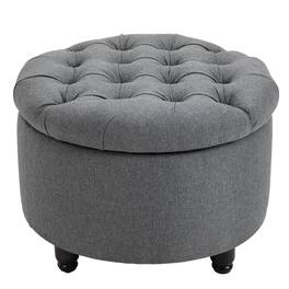 Homcom - Round Linen-touch Fabric Storage Footstool Ottoman Button Tufted Footrest with Removable Lid - Gray