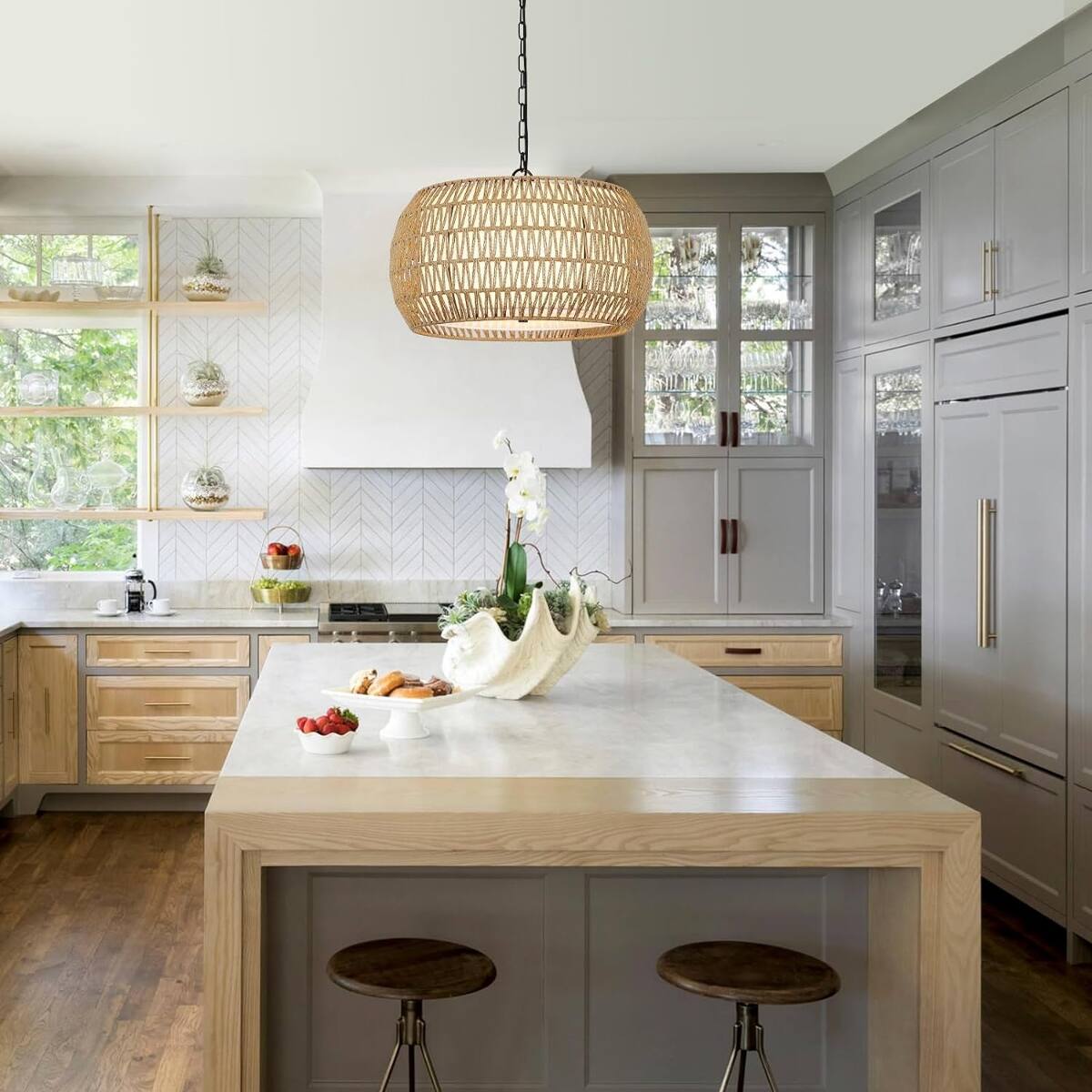 Alt View 5. Loheer - Loheer Five Light Rattan Chandelier, Brown Farmhouse Dining Room Pendant Light.