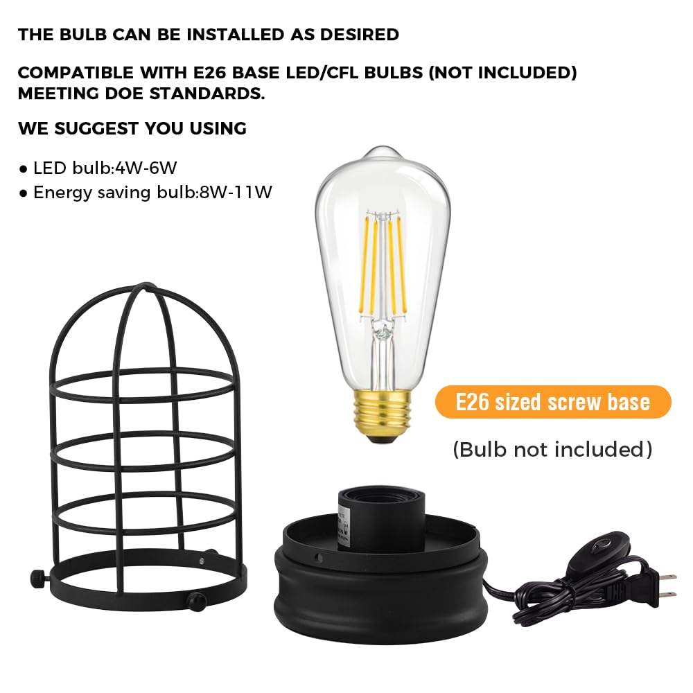 THE BULB CAN BE INSTALLED AS DESIRED  
COMPATIBLE WITH E26 BASE LED/CFL BULBS (NOT INCLUDED) MEETING DOE STANDARDS.  

WE SUGGEST YOU USING  
- LED bulb: 4W-6W  
- Energy saving bulb: 8W-11W  

E26 sized screw base  
(Bulb not included)
